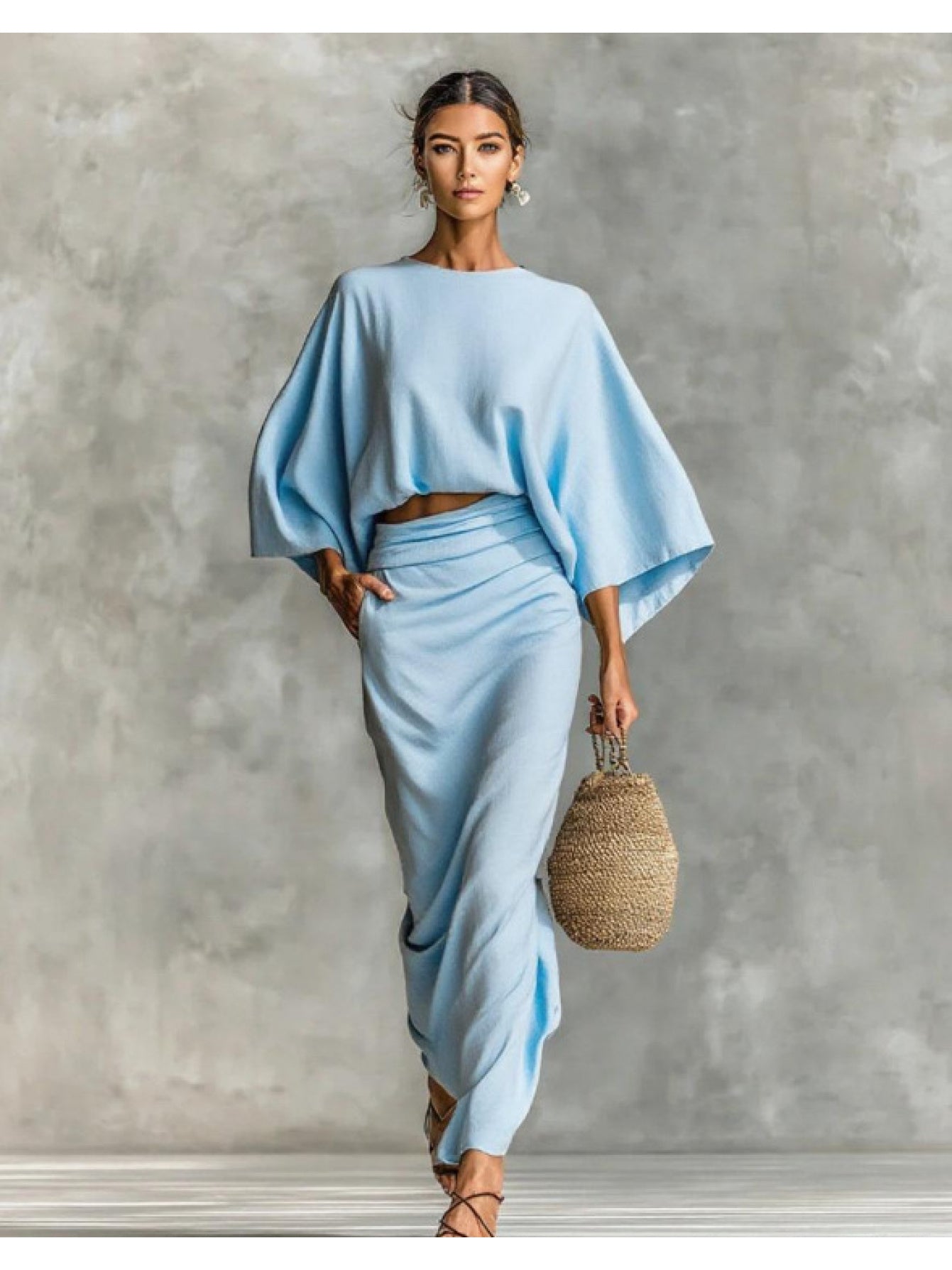 Elegant Crew Neck Long Sleeve Top And High-Waisted Skirt Set