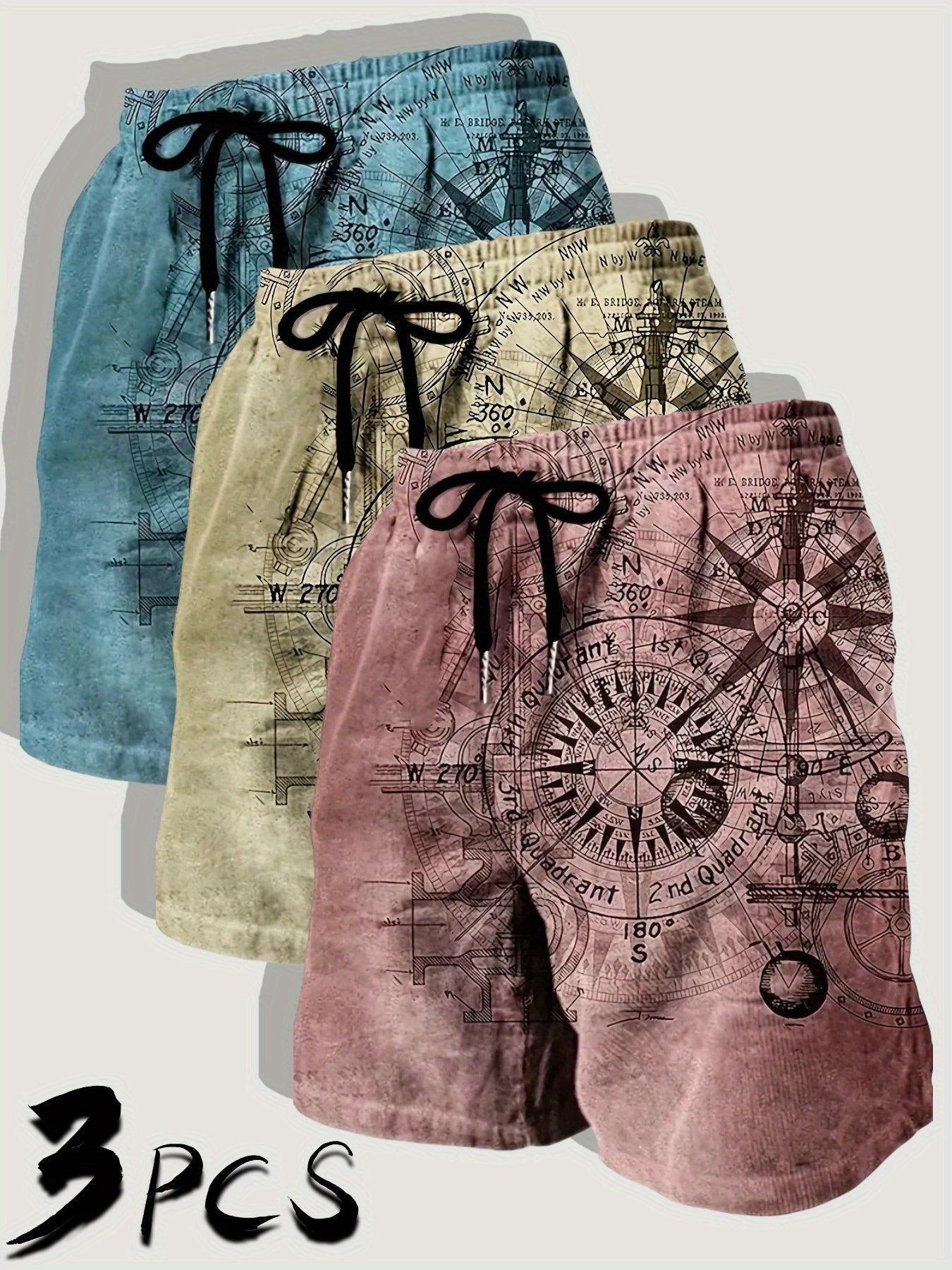 Three Pack Mens Casual Beach Shorts Nautical Chart Print