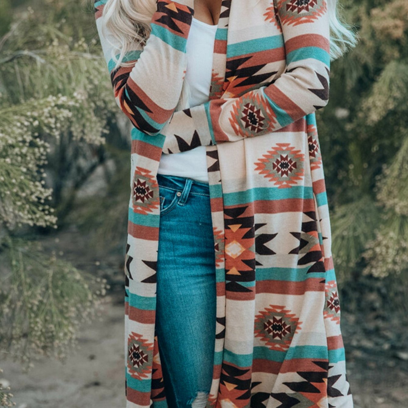 CIUM Womens Cardigan Tribal Print With Elastic Knit Fabric