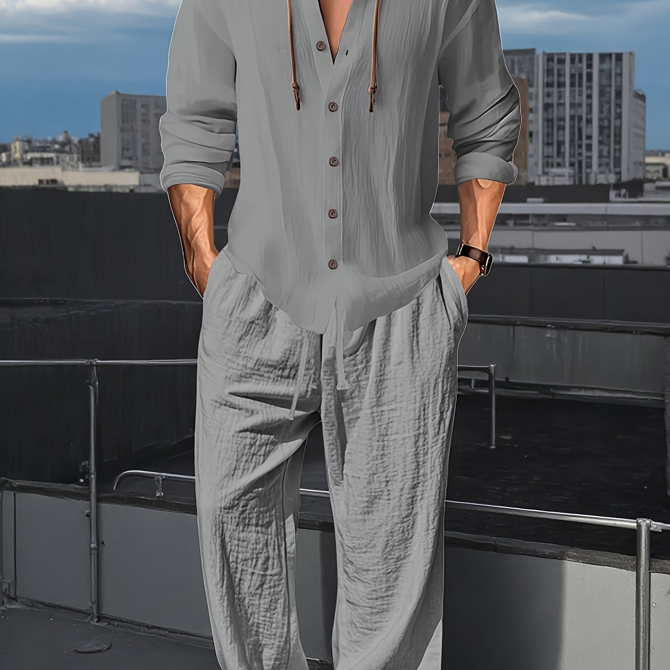 Blossom And Radiate Linen Mens Hooded Shirt And Pants Set