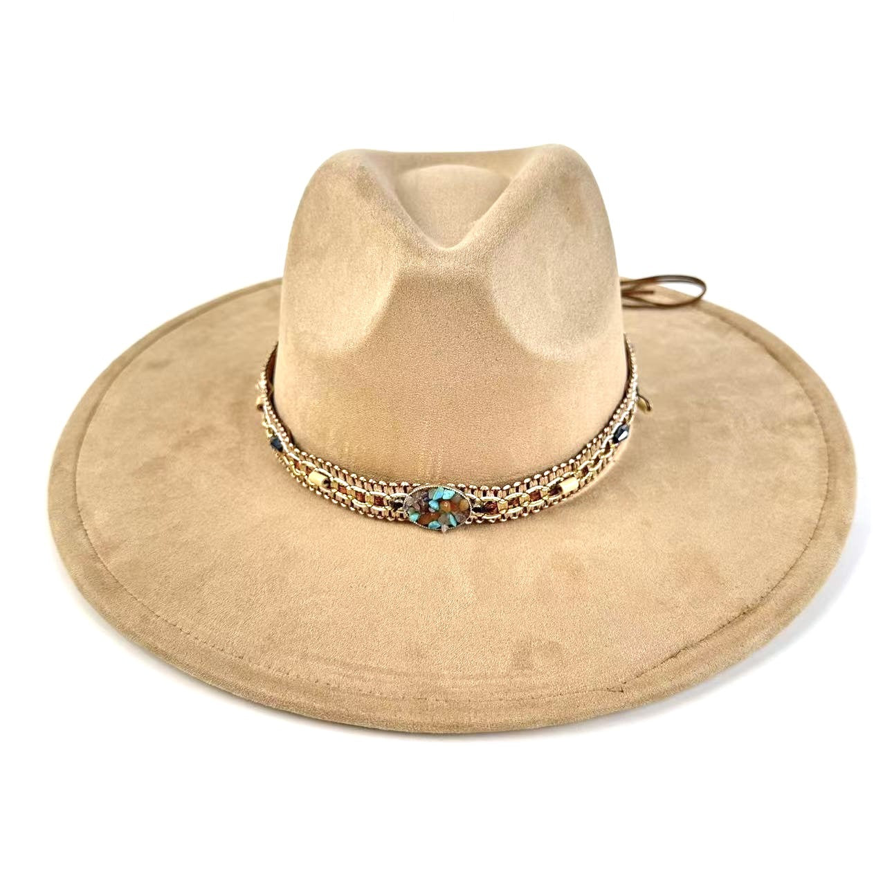 Bohemian Wide-Brim Felt Hat With Turquoise Bead Chain Band
