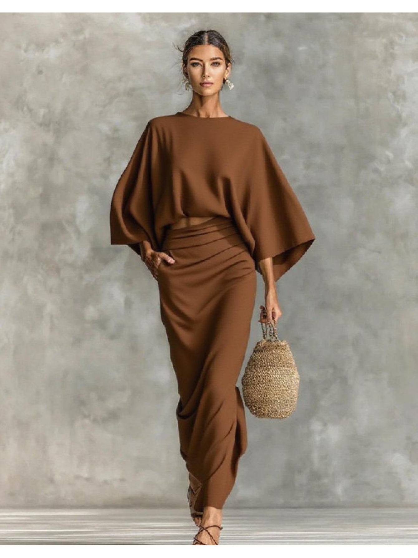 Elegant Crew Neck Long Sleeve Top And High-Waisted Skirt Set