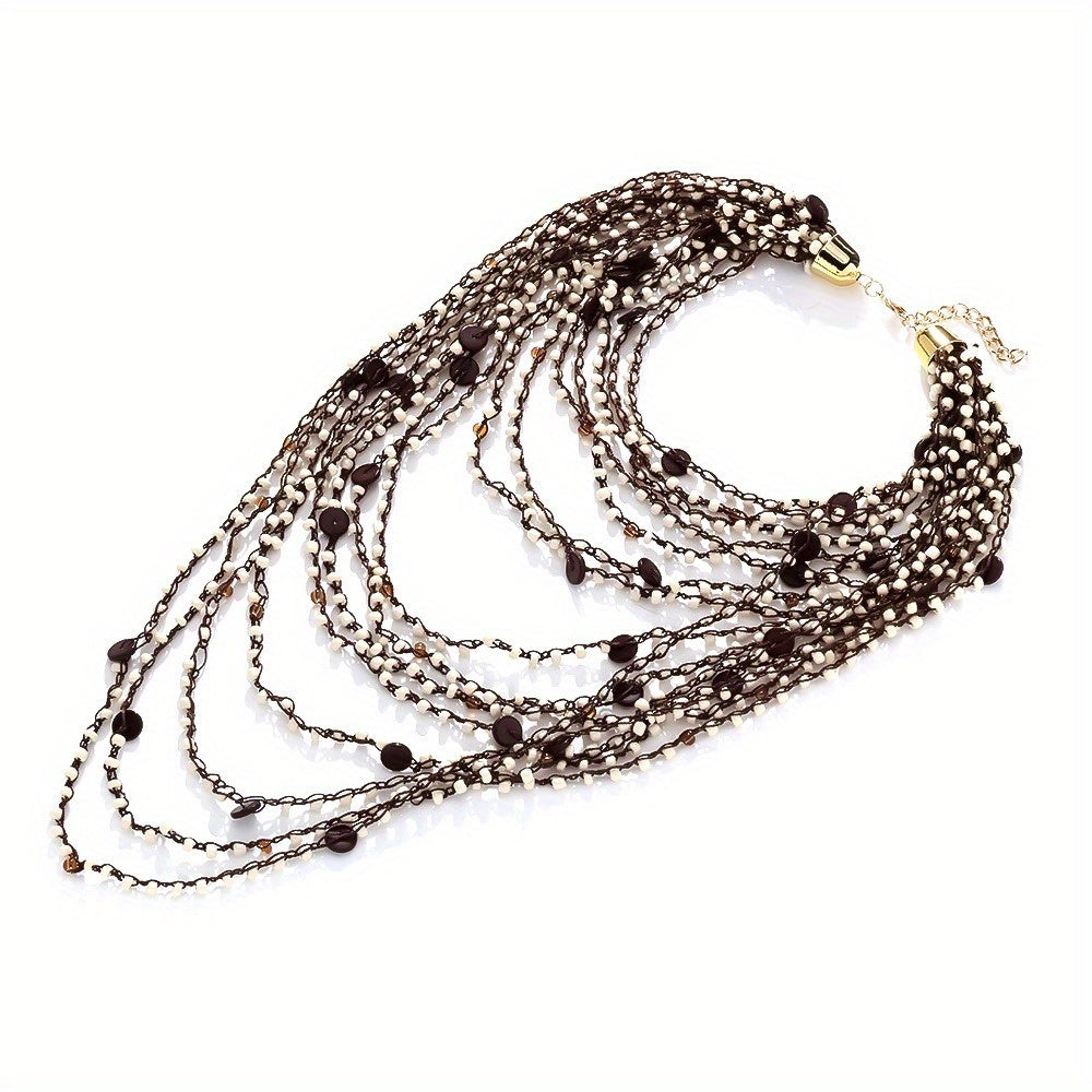 Hand-Beaded Bohemian Waterfall Multi-Layered Necklace - Golden & Brown Beaded Stacked Collarbone Chain for Women, Everyday & Party Jewelry, Year-Round Versatile Accessory, Vibrant Style, Handcrafted Jewelry, Statement Piece,
