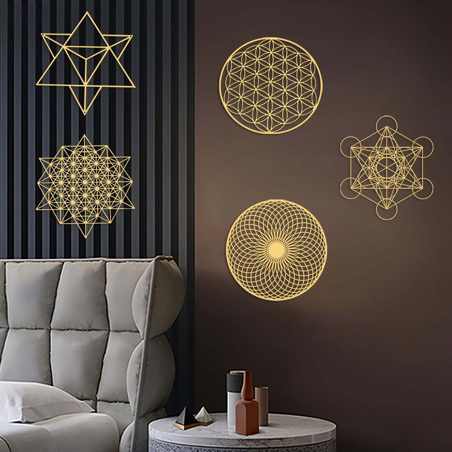5pcs 12 Inch Sacred Geometry Wood Wall Art Set Cube Home Decor Flower Of Life Hanging Sculpture Metal Grid 7 Chakra Wall Decor