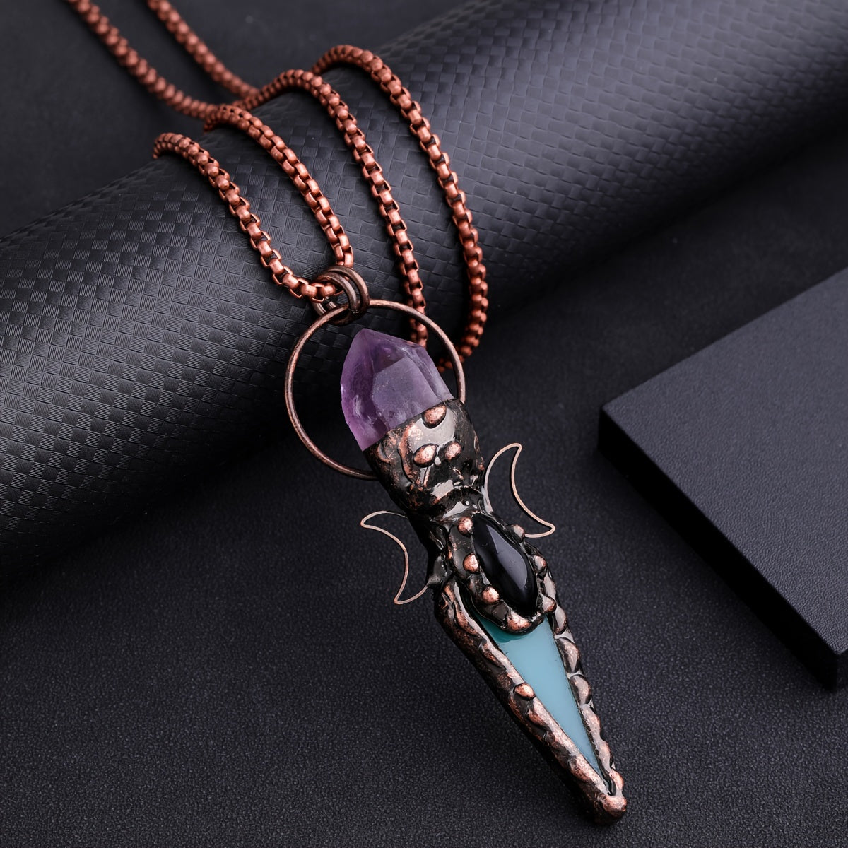 Bohemian Quartz and Green Agate Necklace with Copper Moon