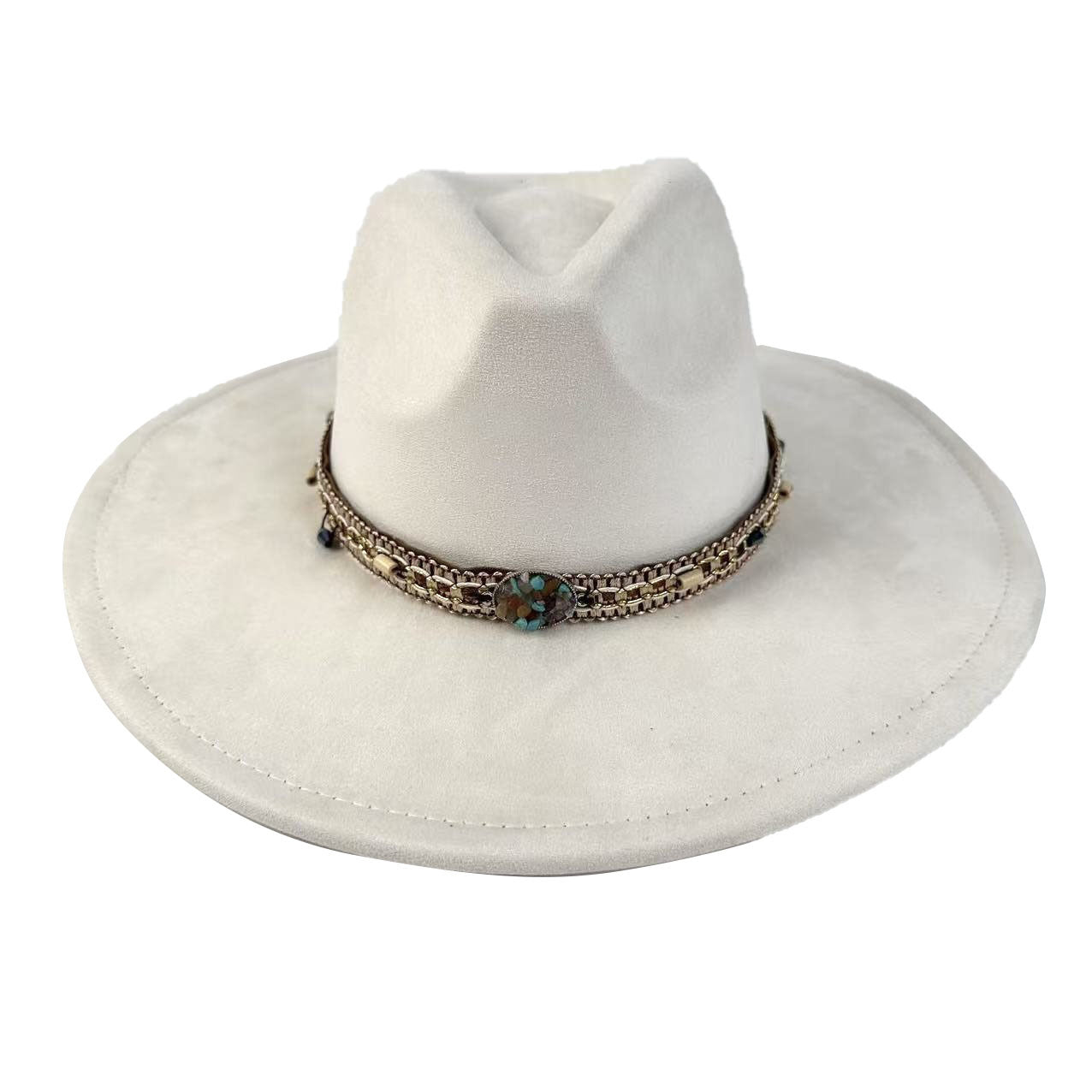 Bohemian Wide-Brim Felt Hat With Turquoise Bead Chain Band