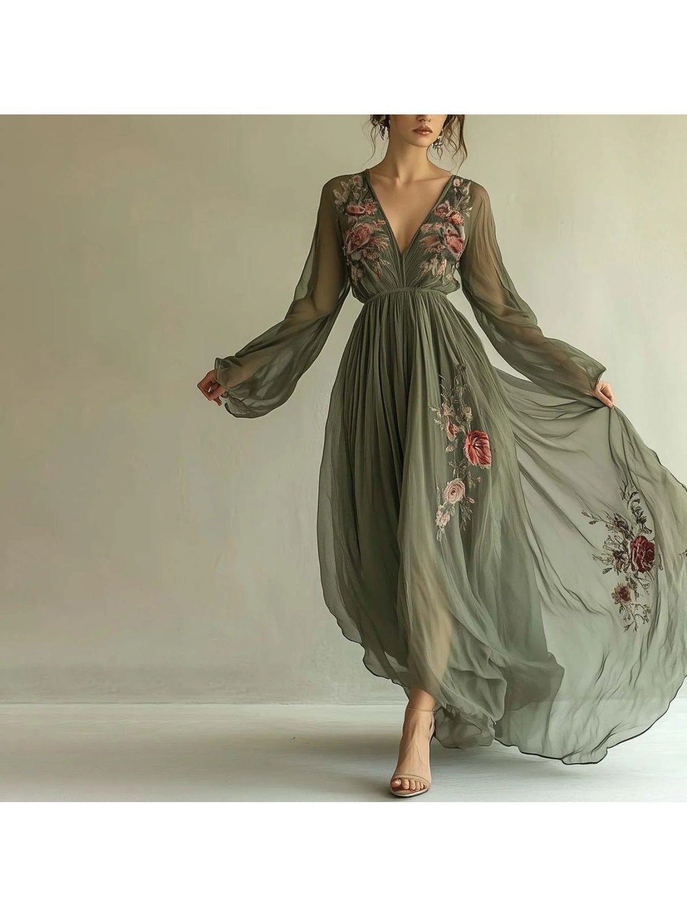 Blossom And Radiate Digital Print V Neck Long Sleeve Dress