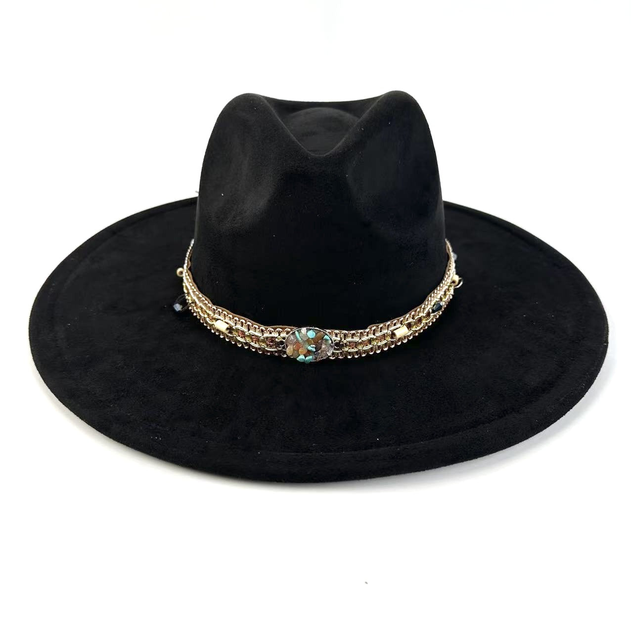 Bohemian Wide-Brim Felt Hat With Turquoise Bead Chain Band
