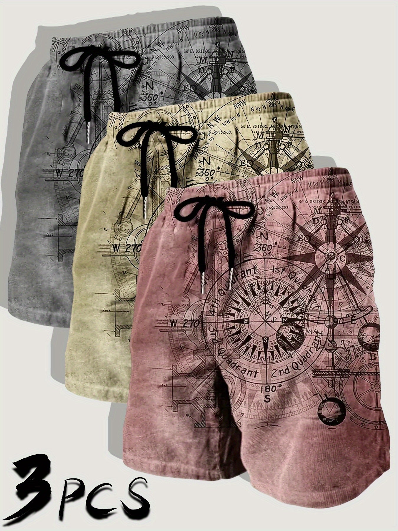 Three Pack Mens Casual Beach Shorts Nautical Chart Print