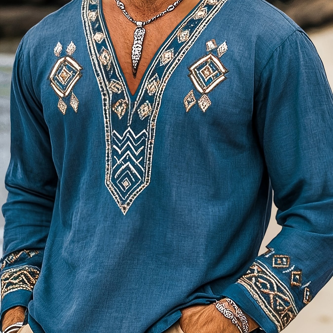 Blossom And Radiate Mens Bohemian Geometric Print Long Sleeve Shirt