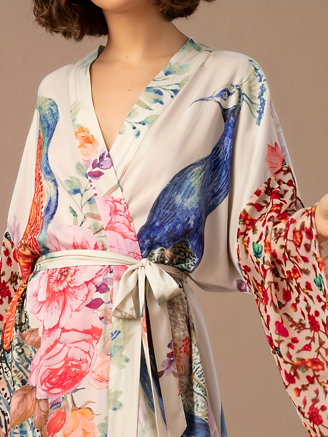 Women's Printed Peacock Pattern Position Printed Waist Belt Sleep Robe Long-Sleeved Open Cardigan Homewear Robe
