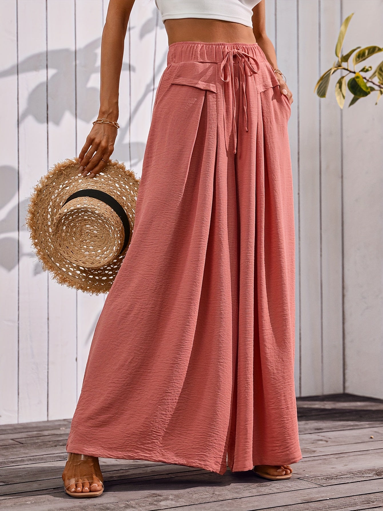 Flowy Wide Leg Pants For Women With Elastic Waist Pocket