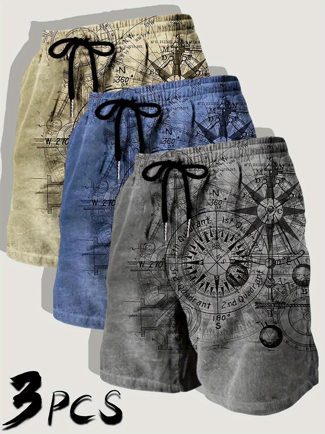 Three Pack Mens Casual Beach Shorts Nautical Chart Print