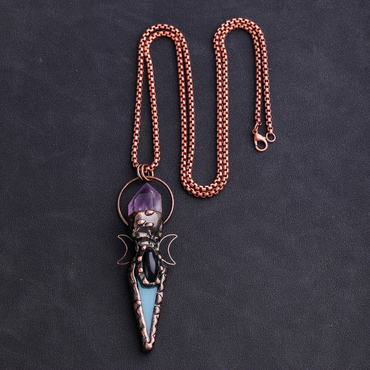 Bohemian Quartz and Green Agate Necklace with Copper Moon