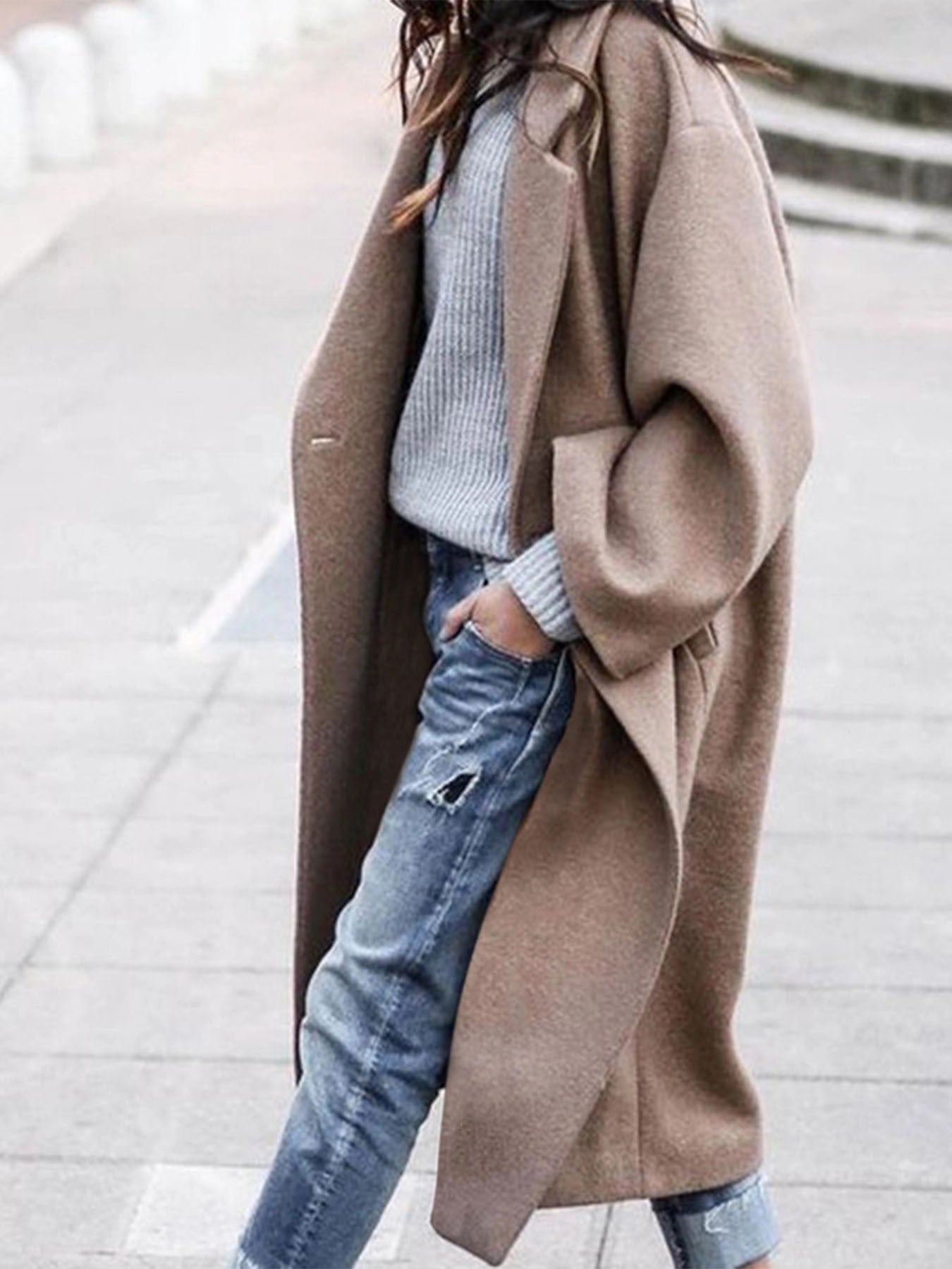 Womens Oversized Long Coat Pockets Elegant Winter Trench