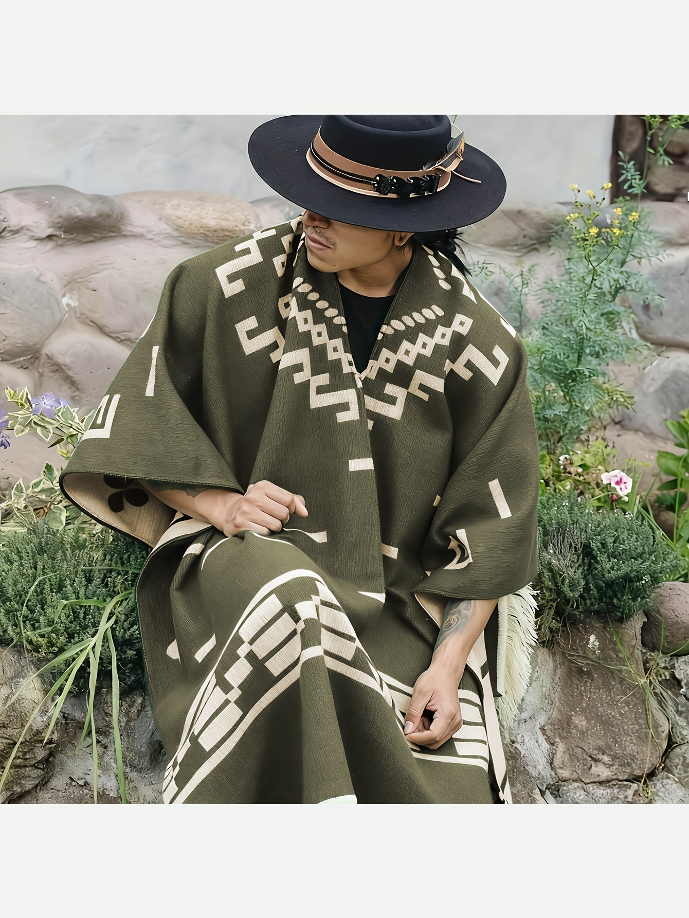 SCACTO Men's Western Shawl Cloak Fringe Cape Poncho