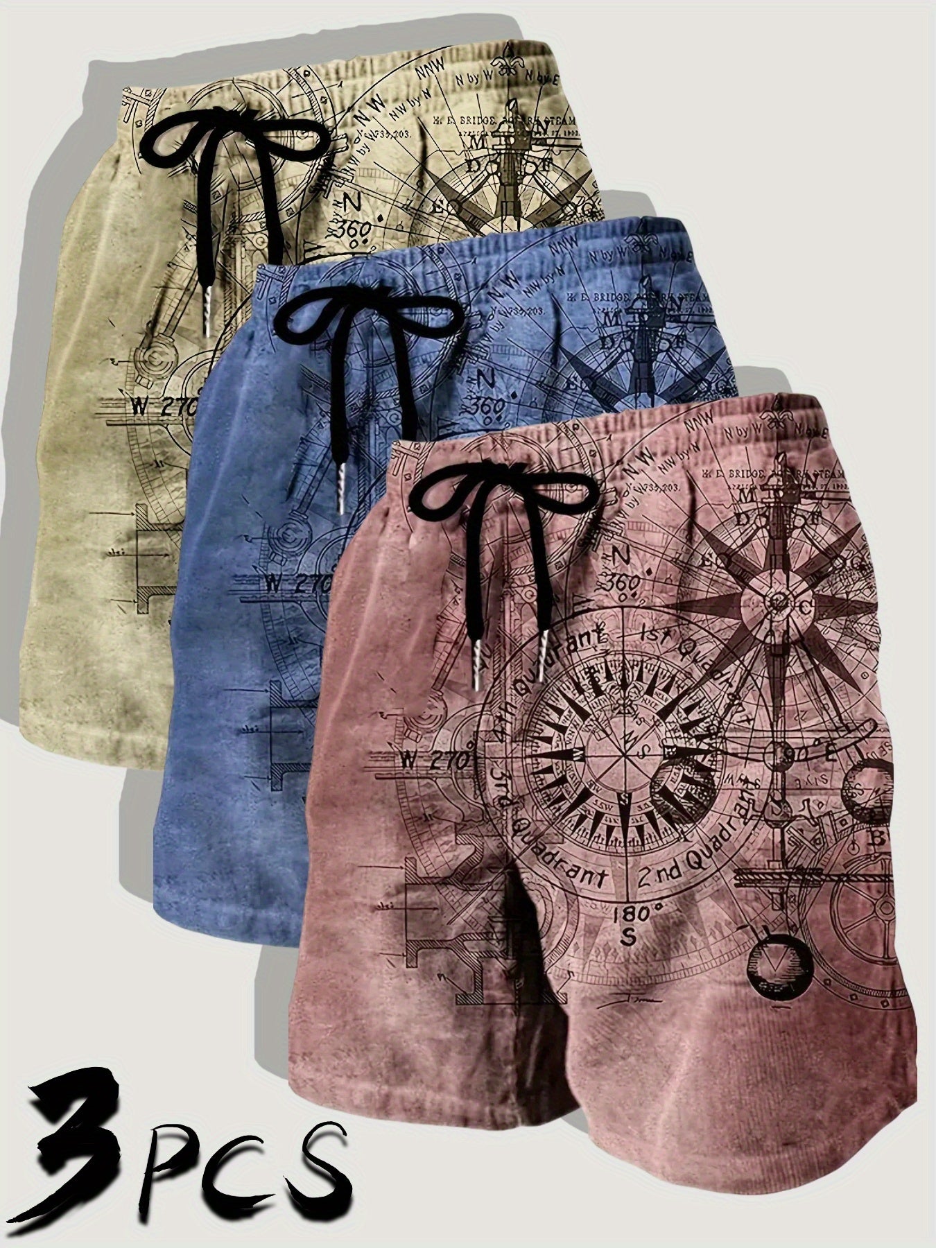 Three Pack Mens Casual Beach Shorts Nautical Chart Print