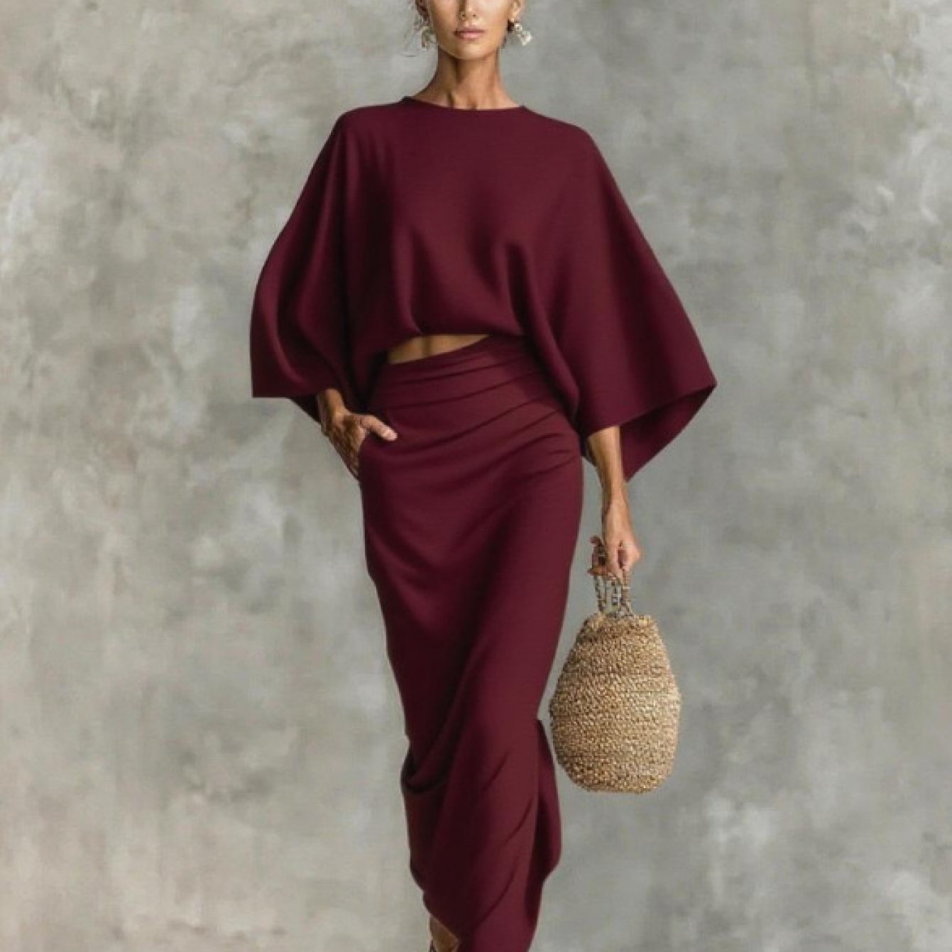 Elegant Crew Neck Long Sleeve Top And High-Waisted Skirt Set