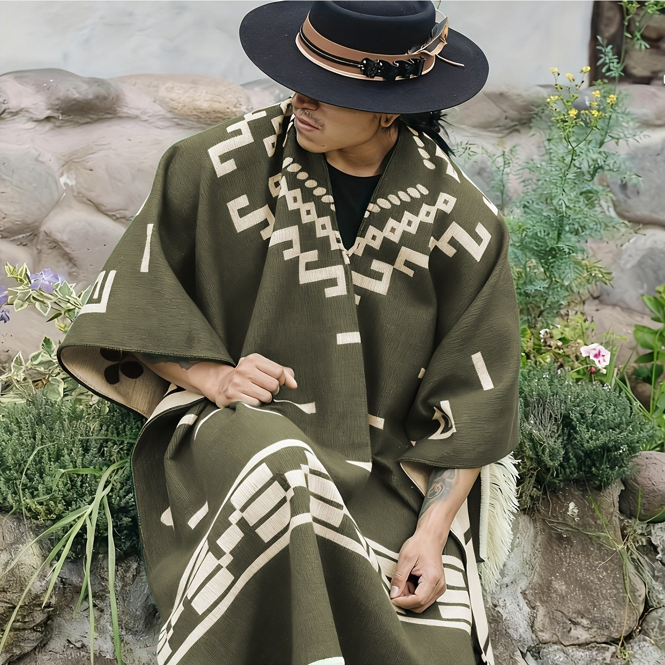 SCACTO Men's Western Shawl Cloak Fringe Cape Poncho