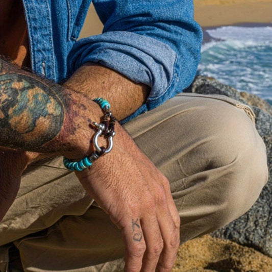 Leather Men's Bracelet With Natural Stone Beads Handmade