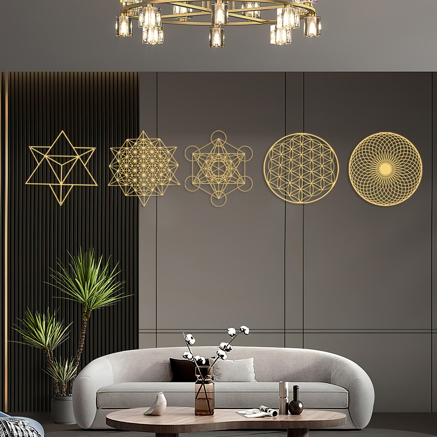 5pcs 12 Inch Sacred Geometry Wood Wall Art Set Cube Home Decor Flower Of Life Hanging Sculpture Metal Grid 7 Chakra Wall Decor