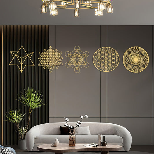 5pcs 12 Inch Sacred Geometry Wood Wall Art Set Cube Home Decor Flower Of Life Hanging Sculpture Metal Grid 7 Chakra Wall Decor