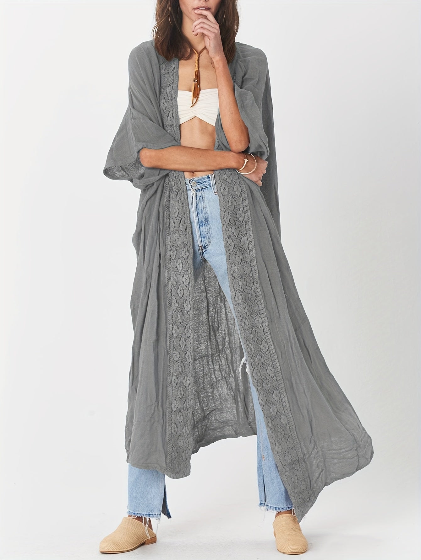 Women's Beach Cover Up Cardigan With Lace Sun Protection