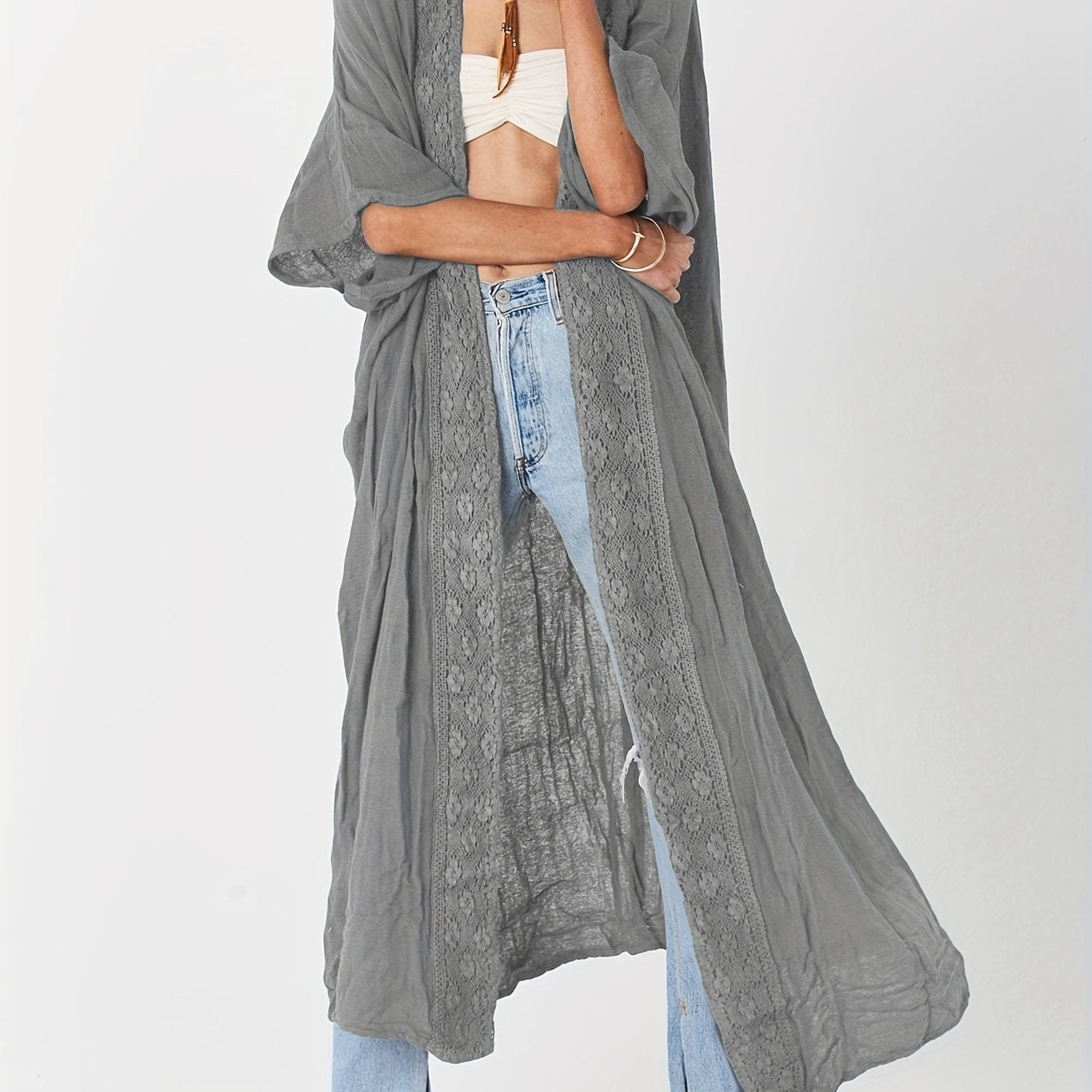 Women's Beach Cover Up Cardigan With Lace Sun Protection