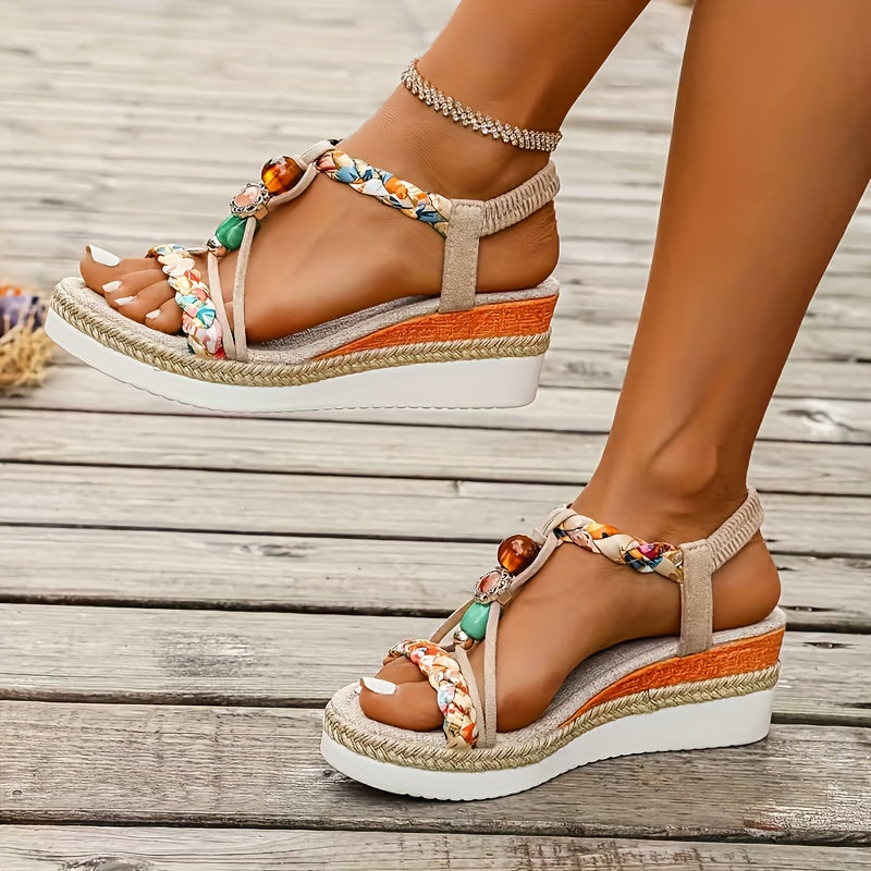 由玛 Beaded Braided Sandals With Wedge Heel Slip On Vacations