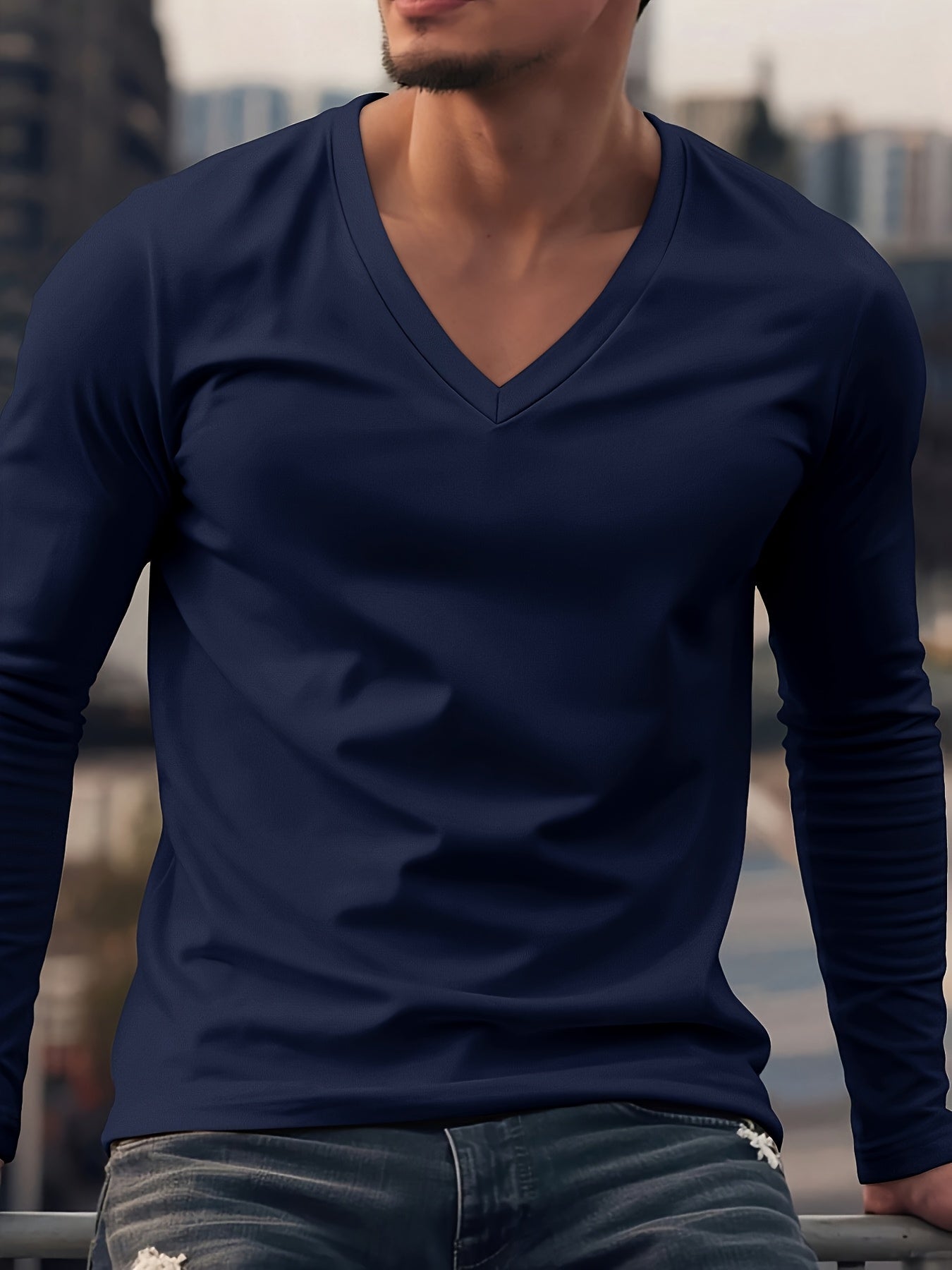 Men's V-Neck Long Sleeve Shirt for Casual Wear