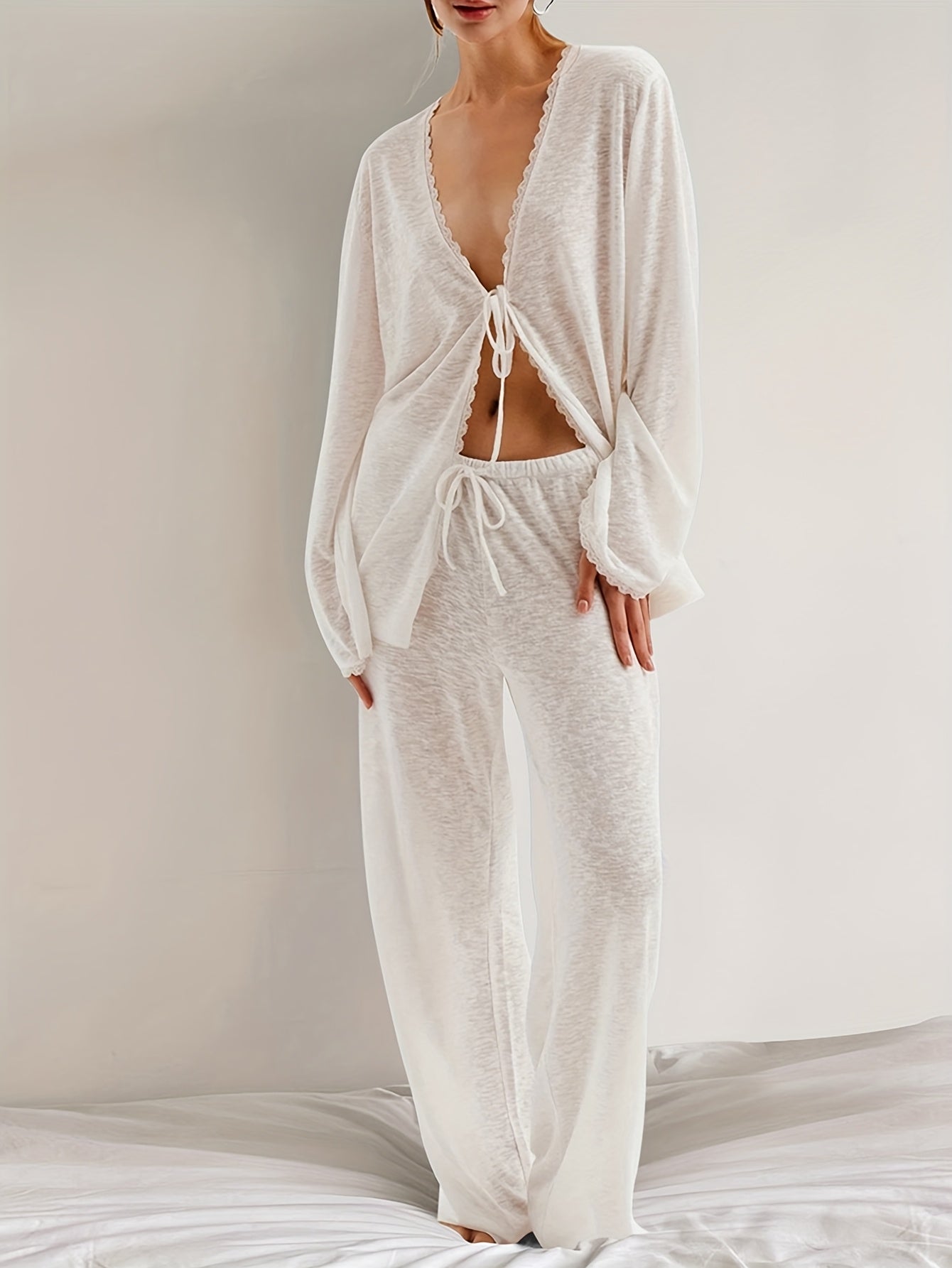 Women's Lace V-Neck Long Sleeve Pajama Set With Buttons