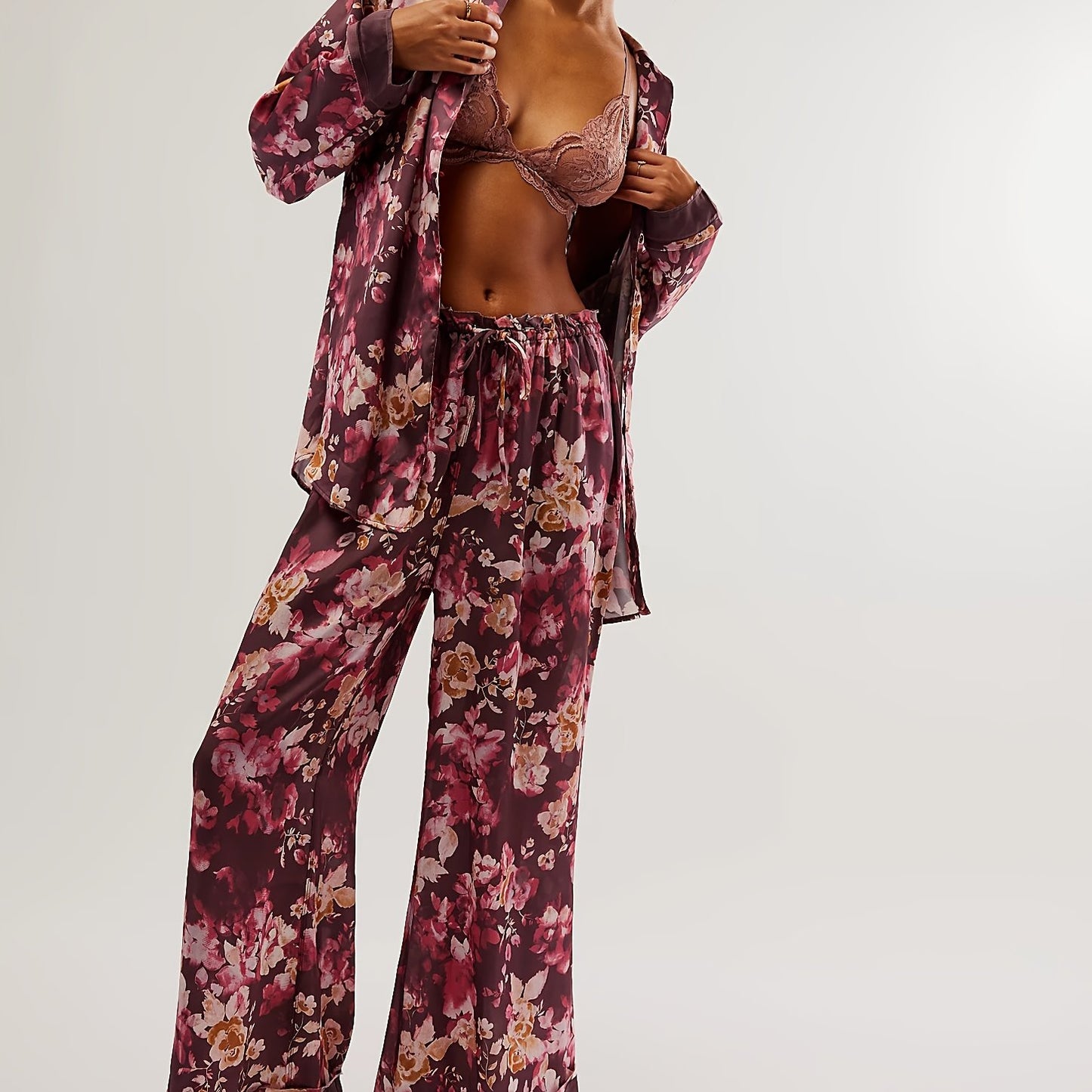 Purple Satin Pajamas - Elegant Floral Printed - Perfect For A Cozy Night