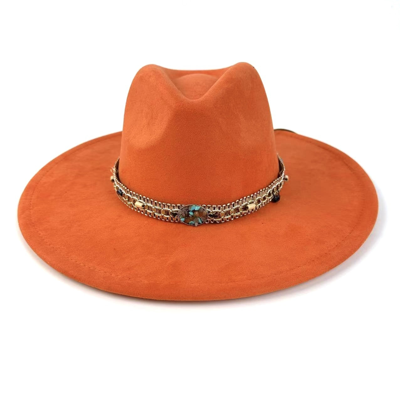 Bohemian Wide-Brim Felt Hat With Turquoise Bead Chain Band