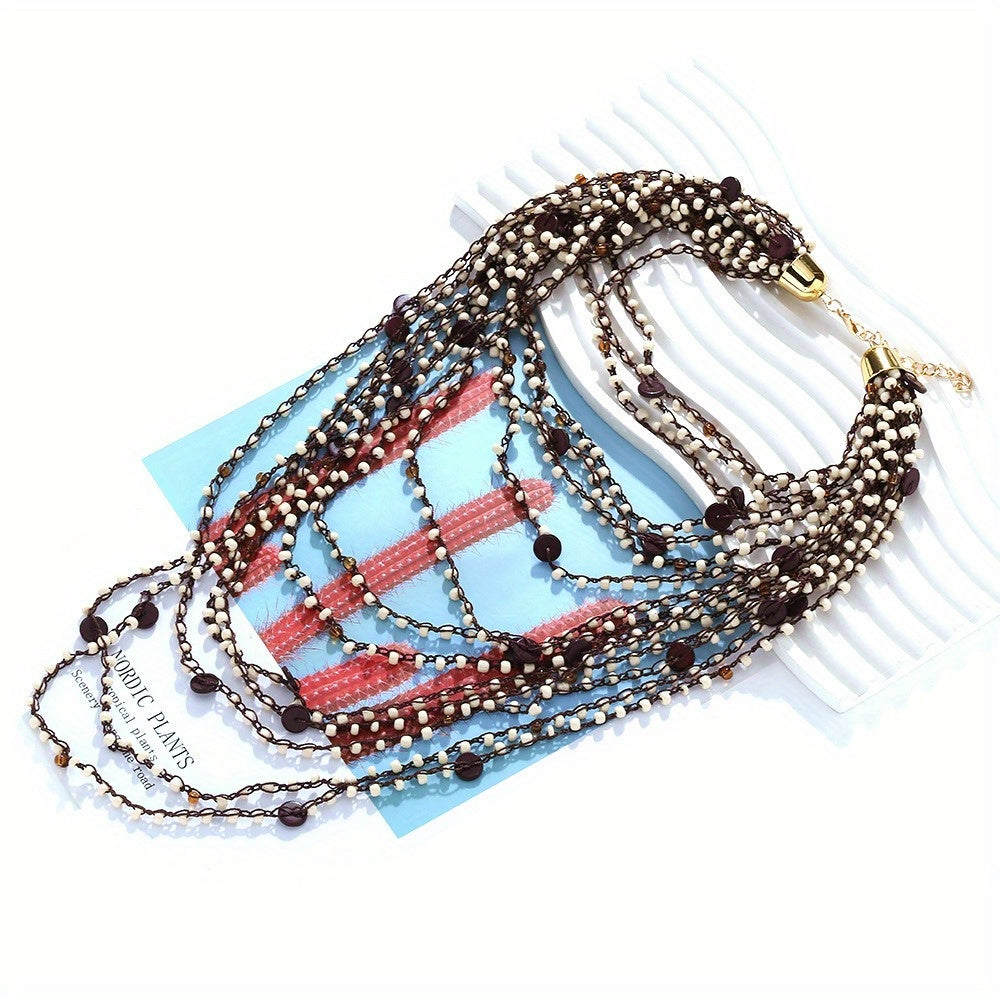Hand-Beaded Bohemian Waterfall Multi-Layered Necklace - Golden & Brown Beaded Stacked Collarbone Chain for Women, Everyday & Party Jewelry, Year-Round Versatile Accessory, Vibrant Style, Handcrafted Jewelry, Statement Piece,
