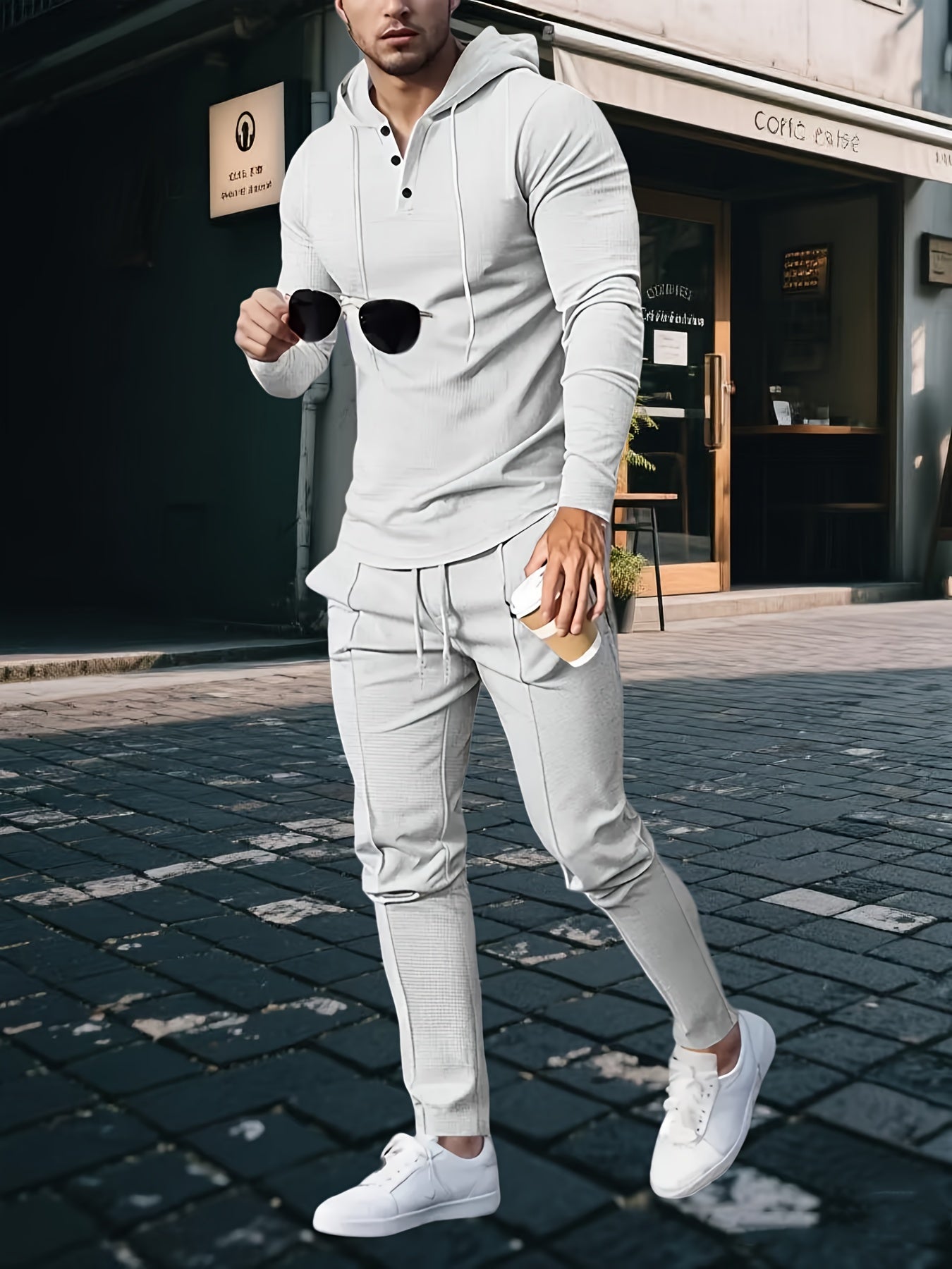 Mens Waffle Plaid Hooded 2 Piece Set Sports Casual Wear
