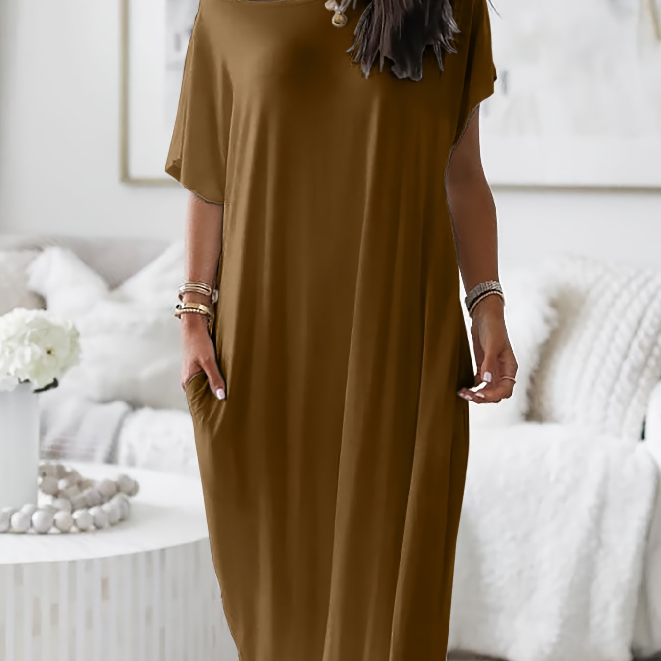 Womens Long Style Dress Crew Neck Comfortable Breathable