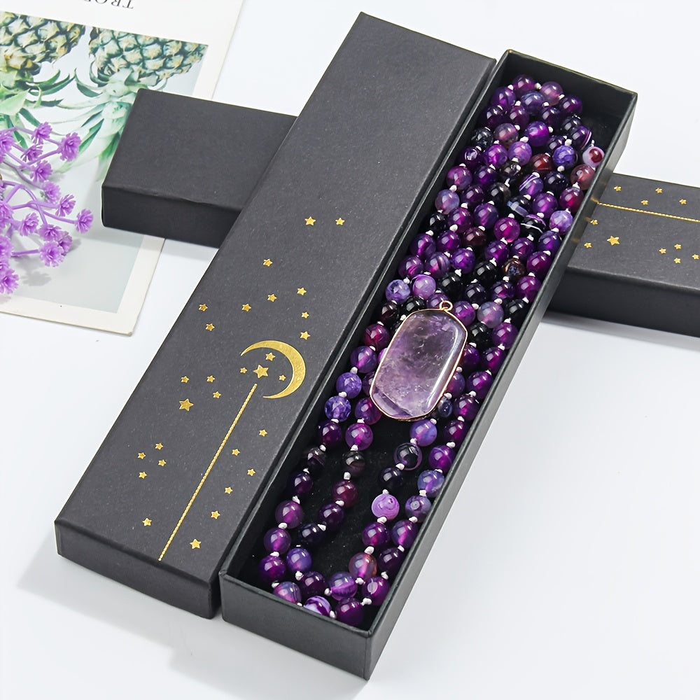 Purple Stone Mala Beads Necklace Teardrop Pendant