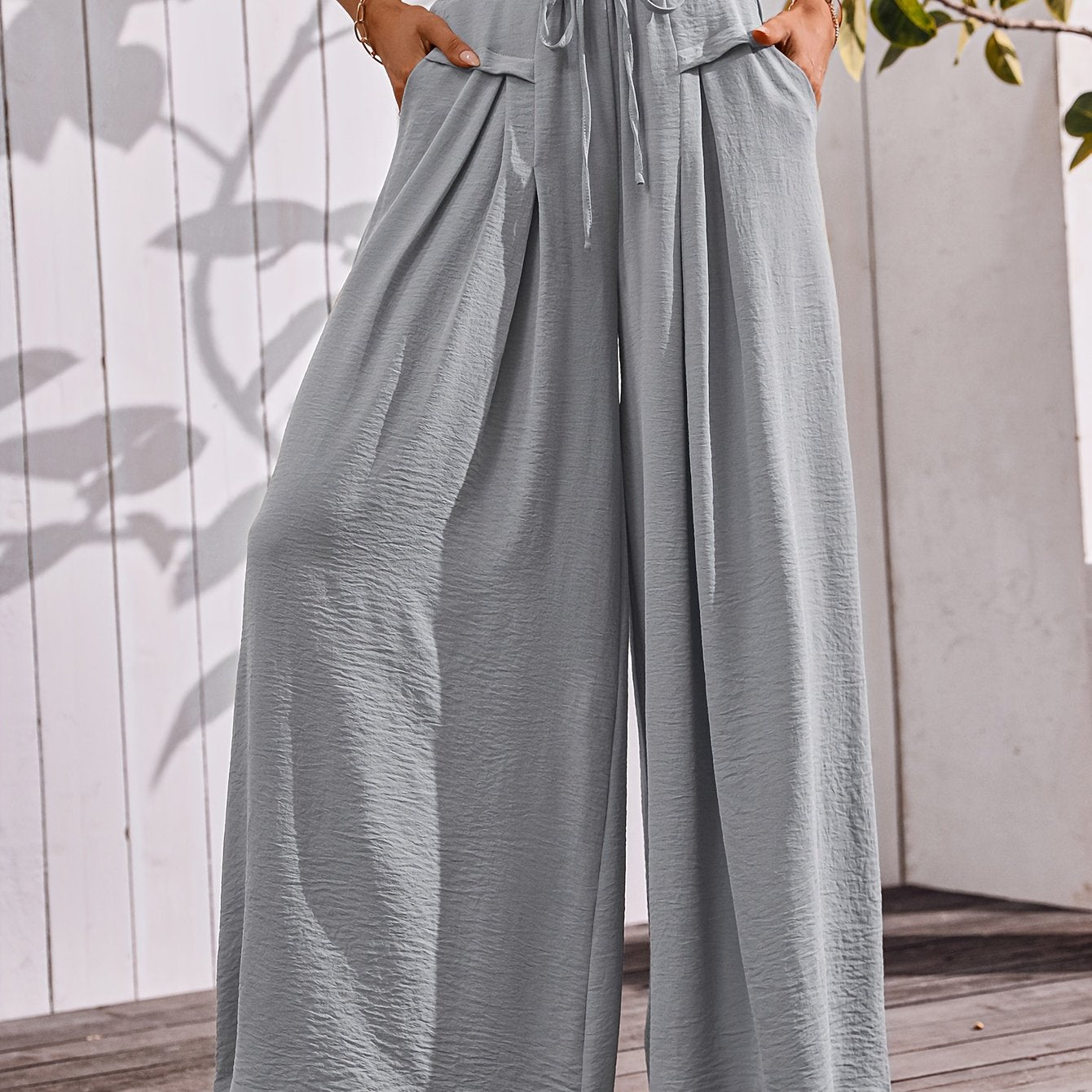 Flowy Wide Leg Pants For Women With Elastic Waist Pocket