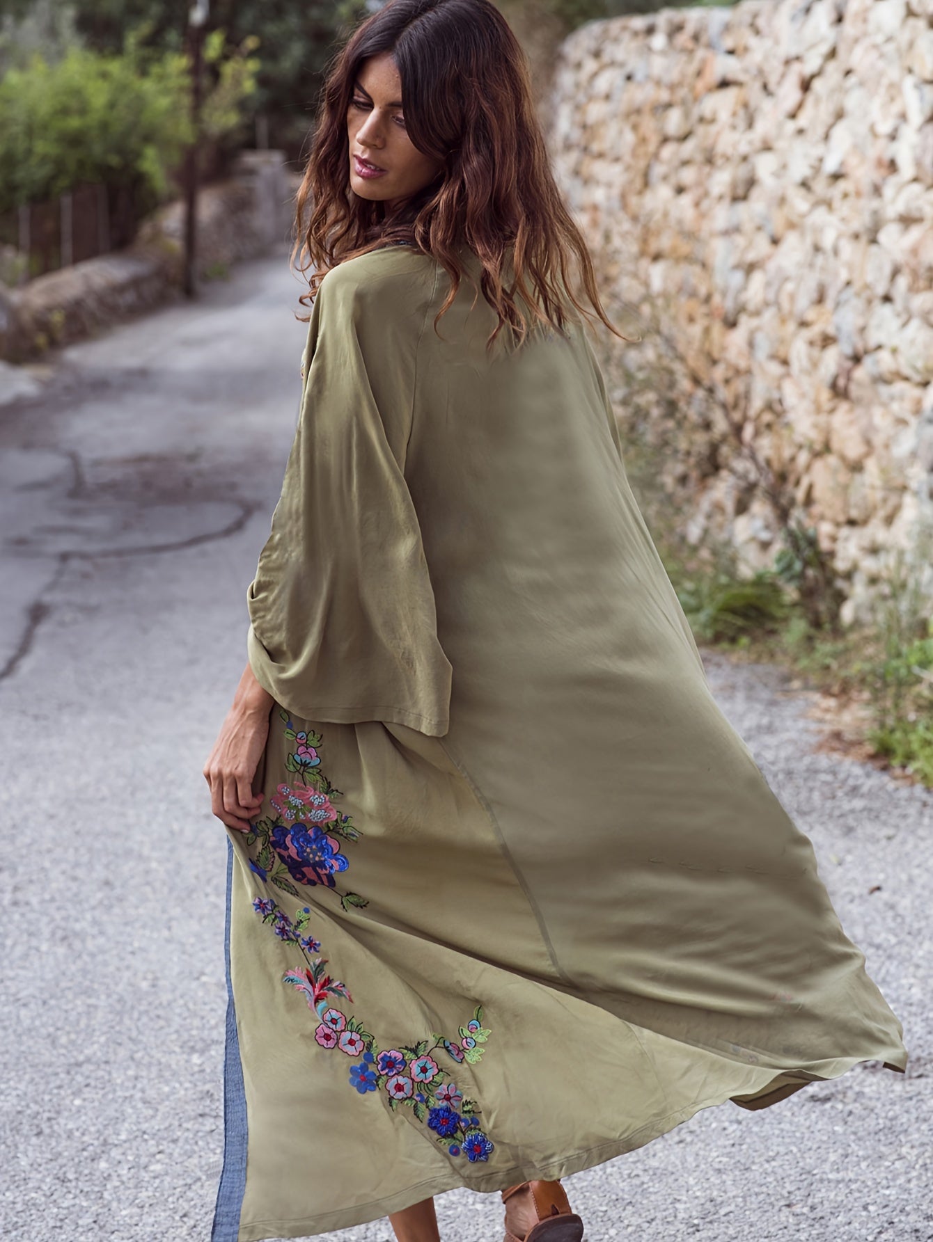 Blossom and Radiate Faux Denim Embroidered Cover Up Kimono