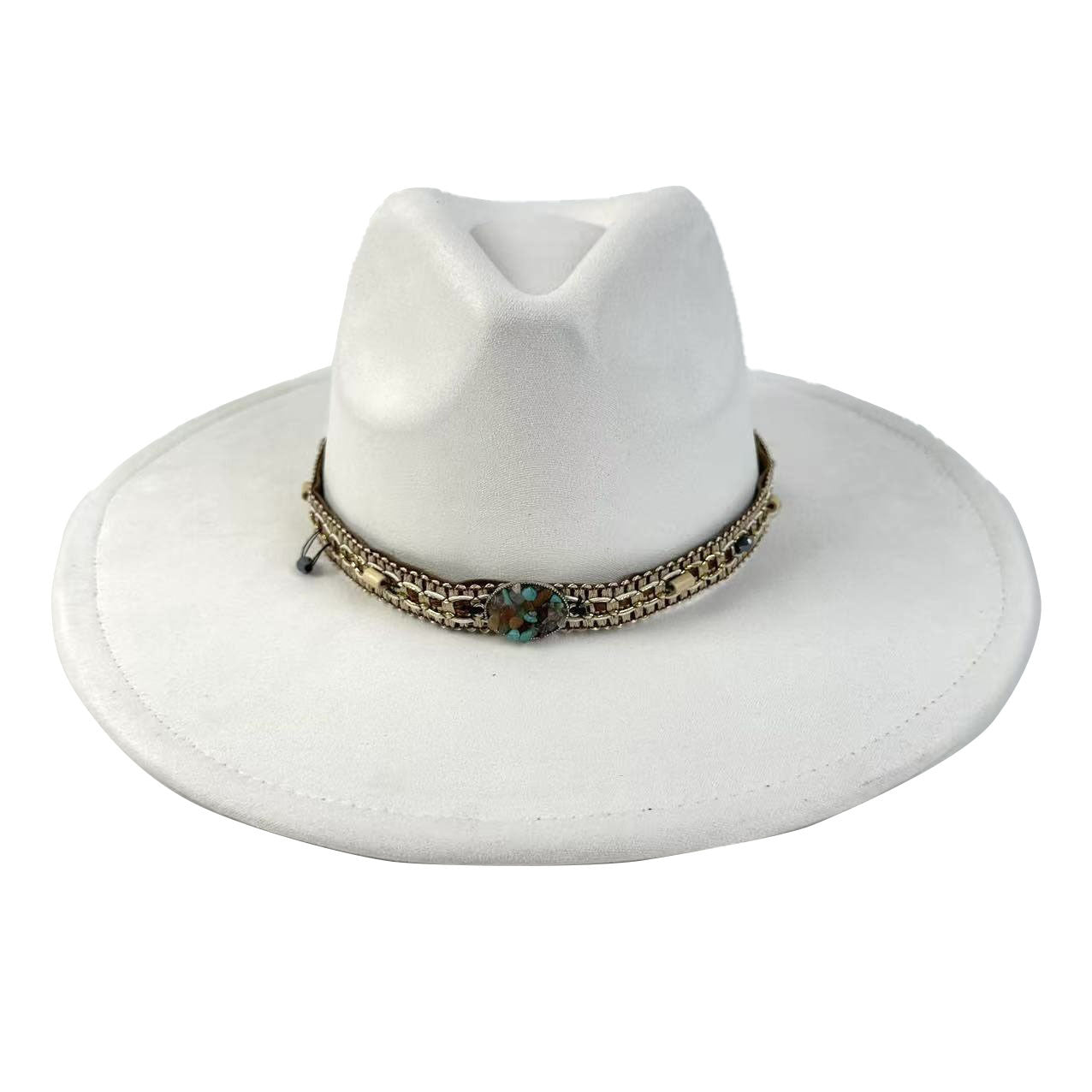 Bohemian Wide-Brim Felt Hat With Turquoise Bead Chain Band
