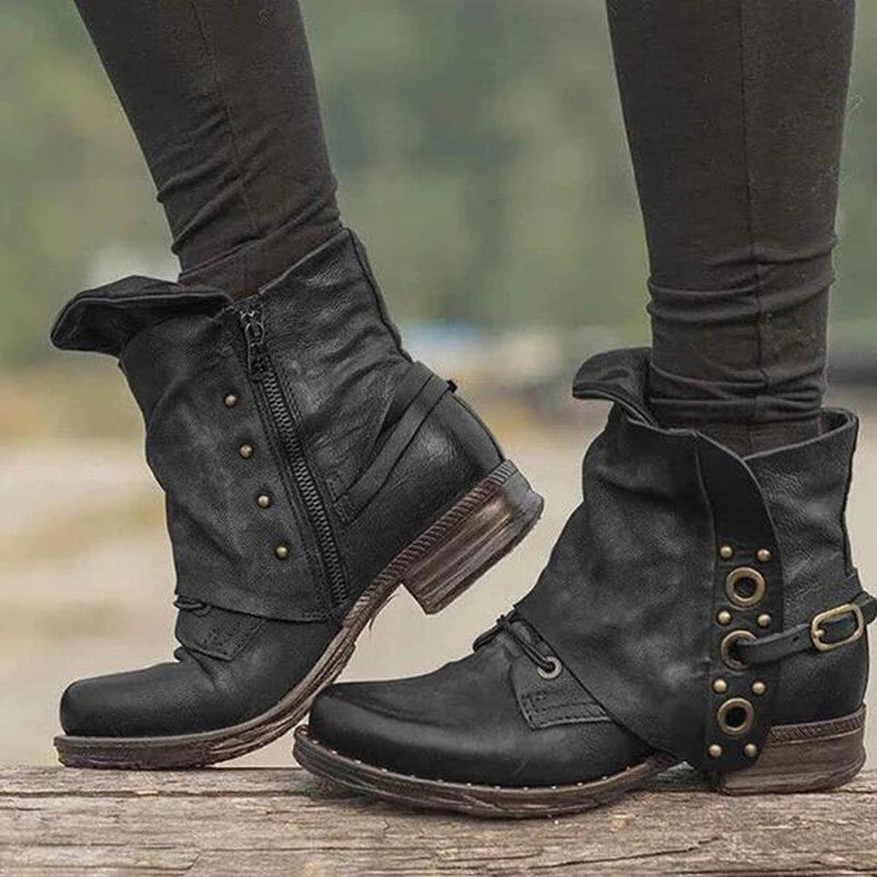 British Sty Women's Retro Western Boots Zipper Buckle