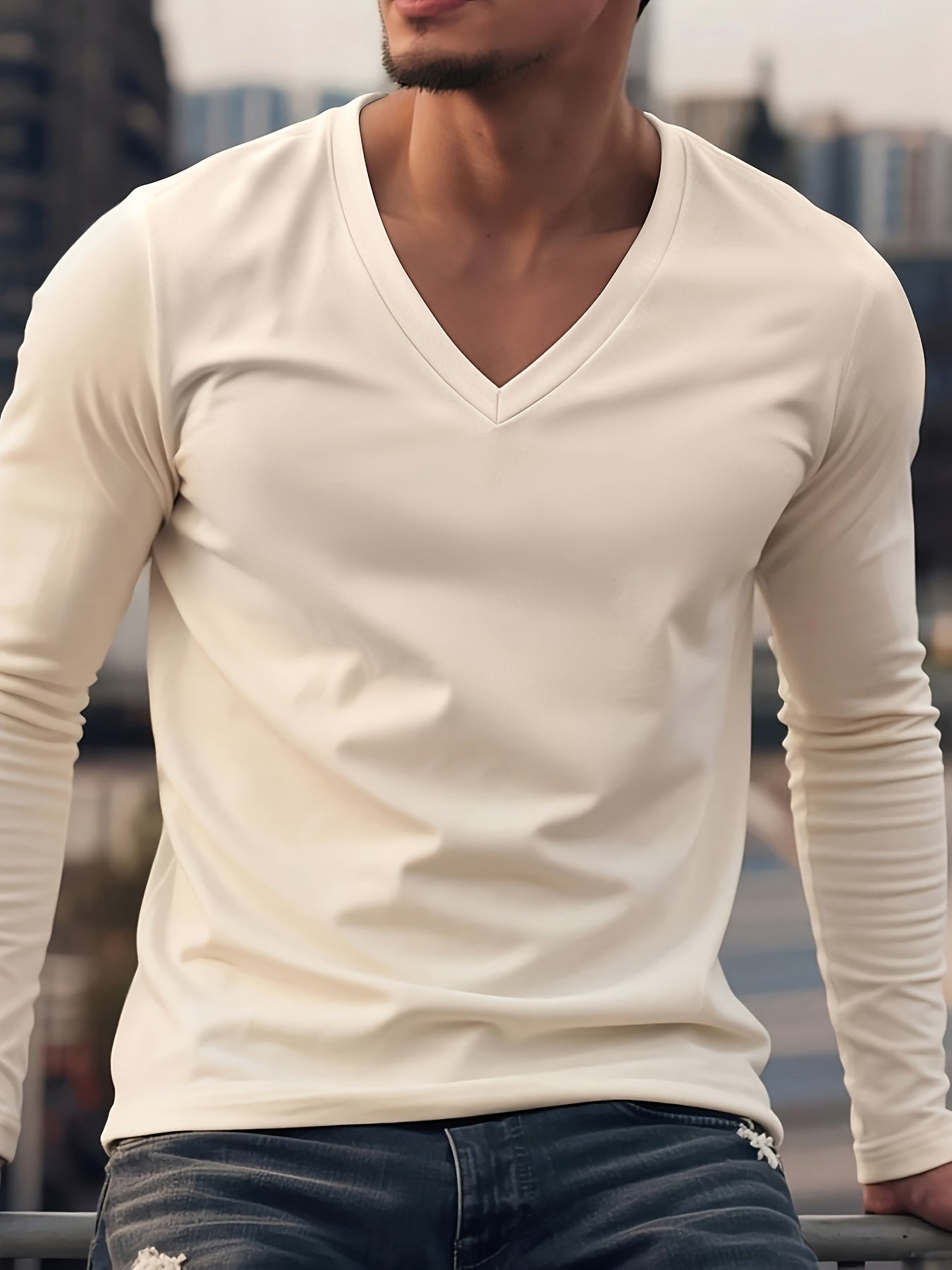 Men's V-Neck Long Sleeve Shirt for Casual Wear