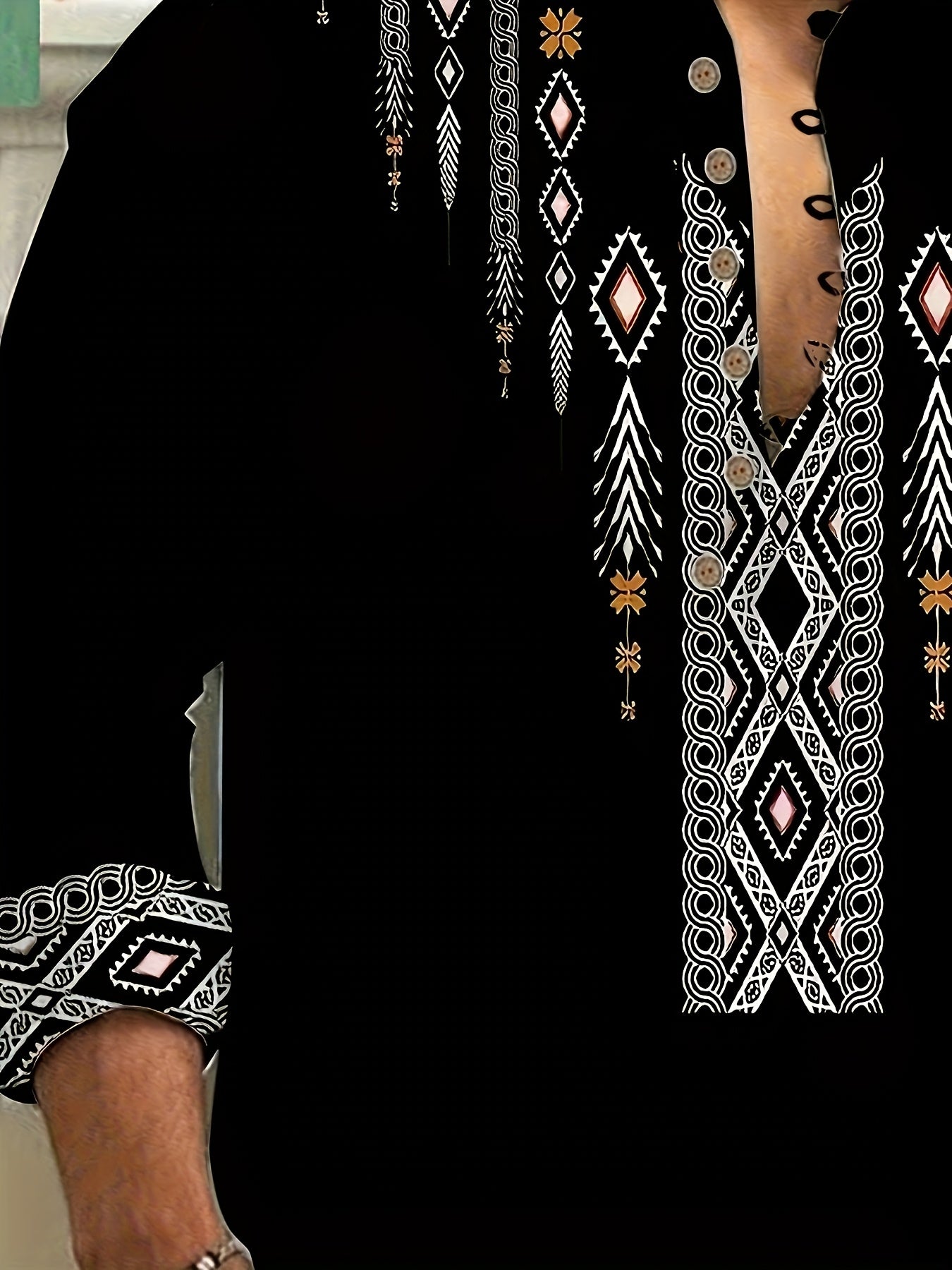 Men's Casual Henley Shirt With 3D Ethnic Print Regular Fit