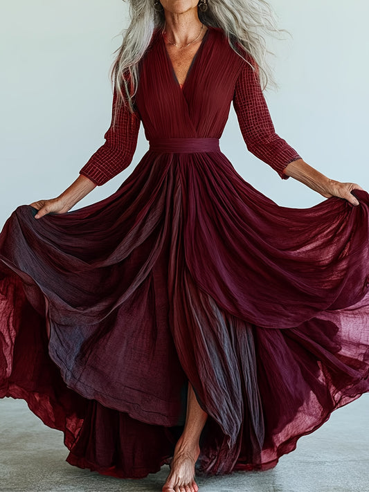 Elegant Bohemian Maxi Dress V Neck Cinched Waist Gown