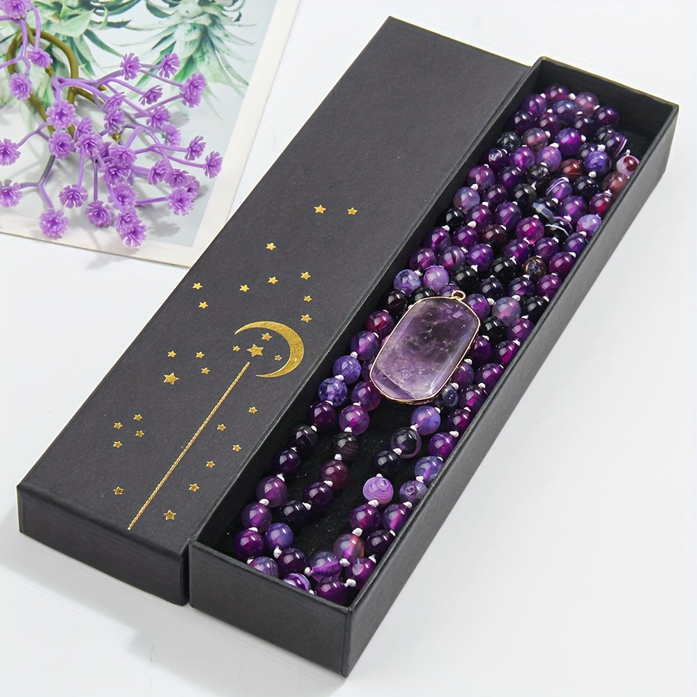 Purple Stone Mala Beads Necklace Teardrop Pendant