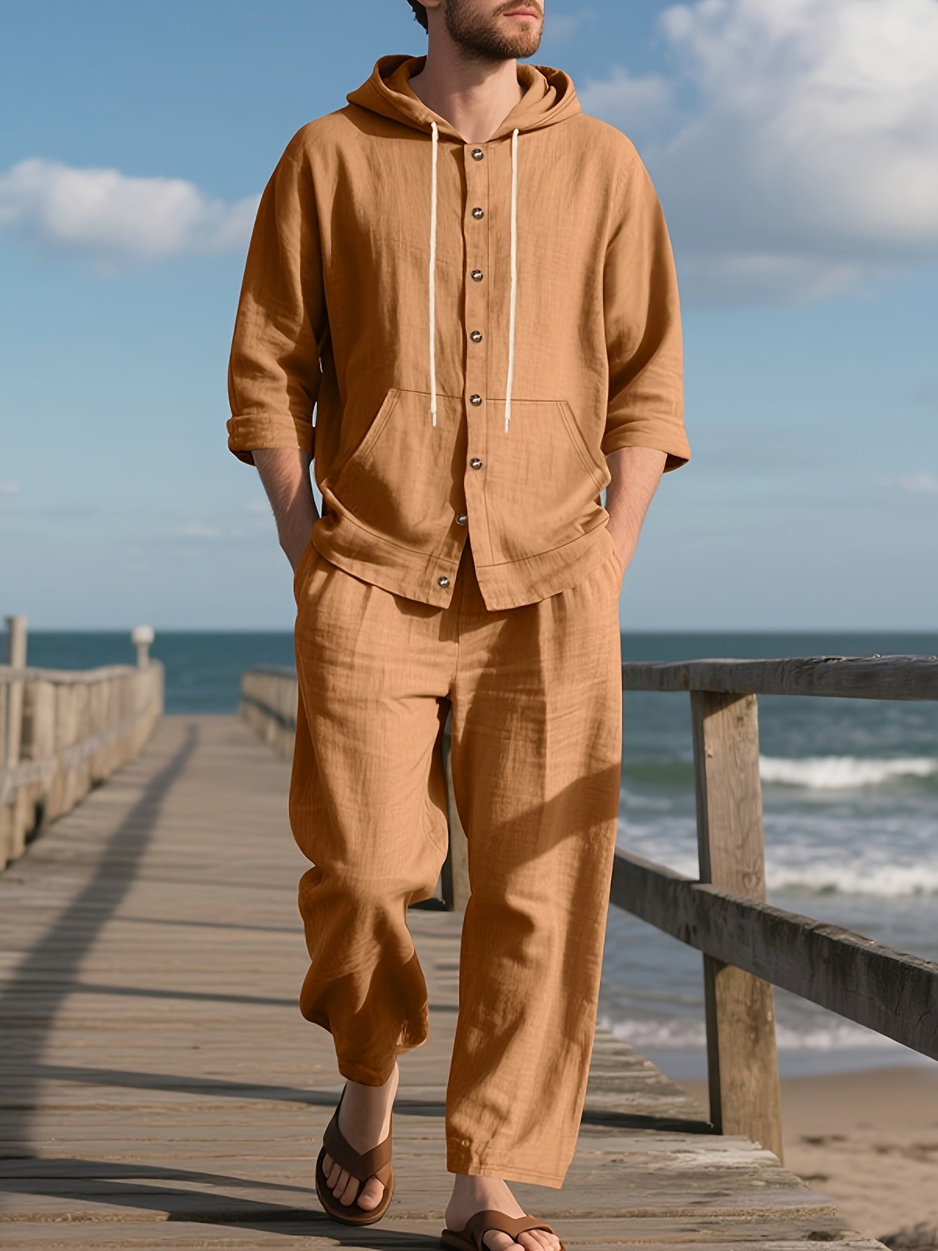 Blossom And Radiate Linen Mens Hooded Shirt And Pants Set