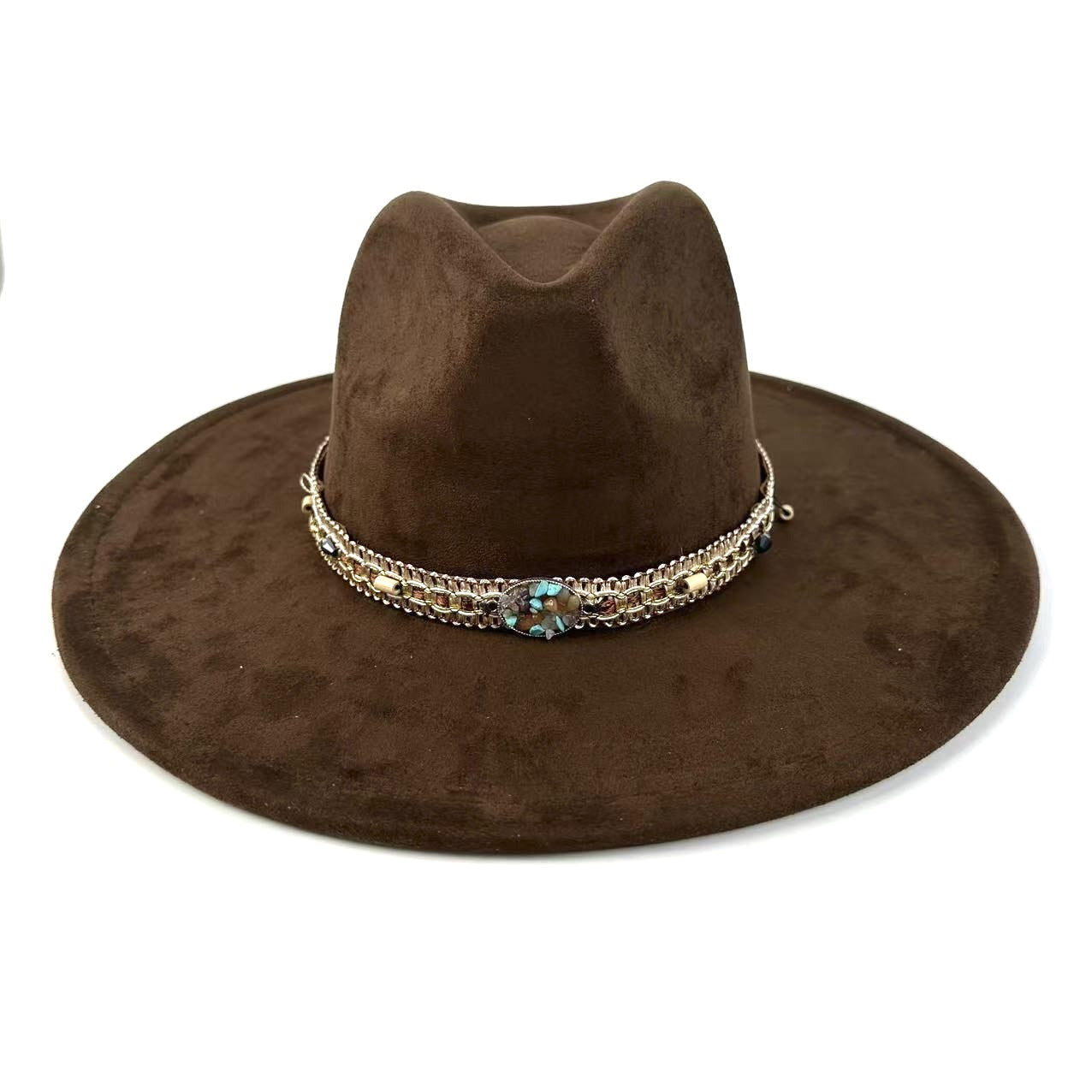 Bohemian Wide-Brim Felt Hat With Turquoise Bead Chain Band