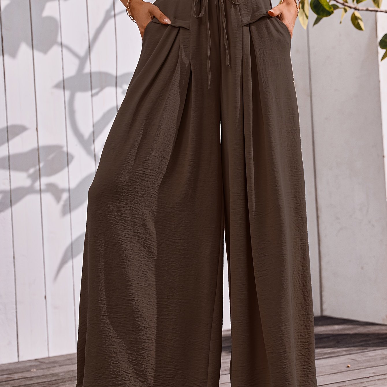 Flowy Wide Leg Pants For Women With Elastic Waist Pocket