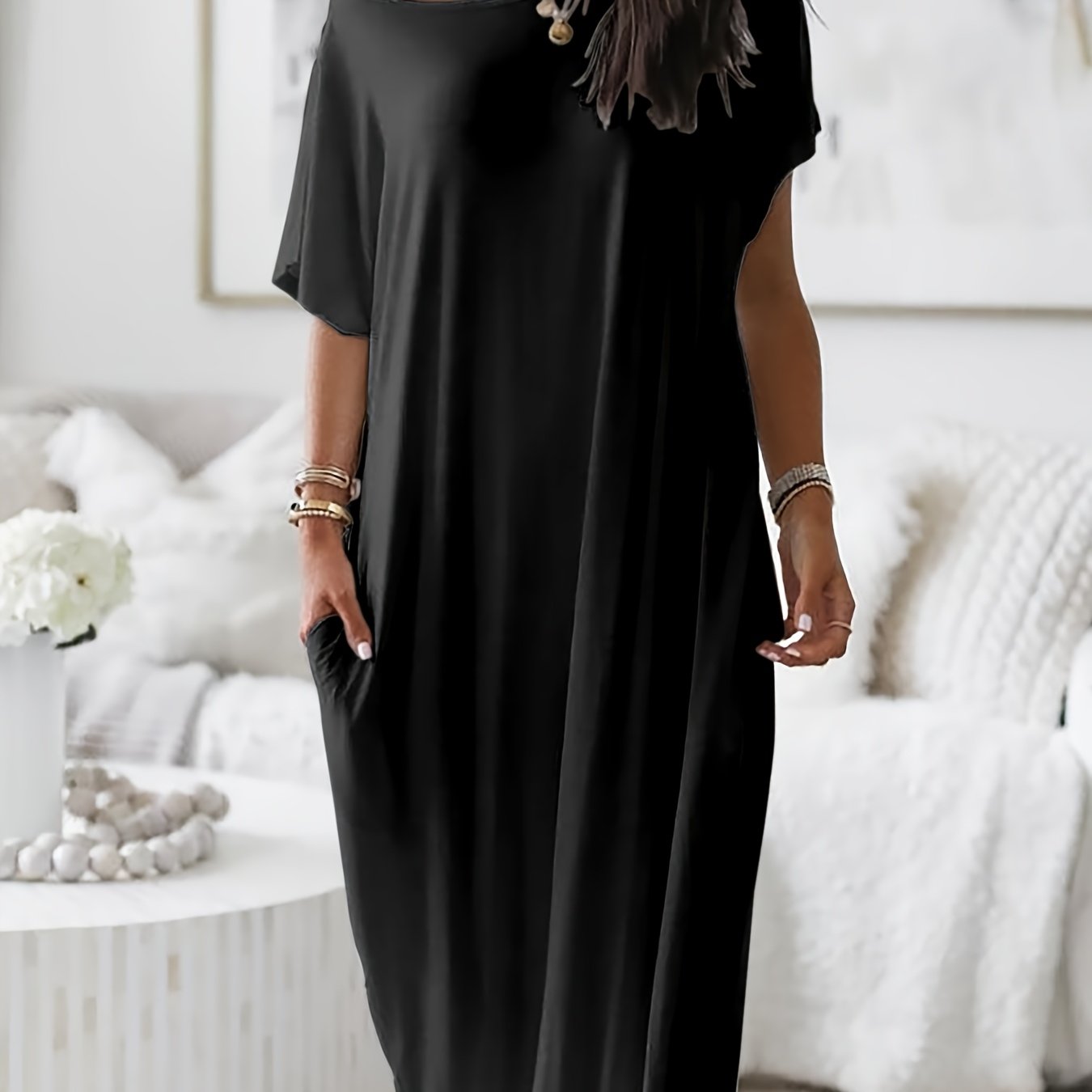 Womens Long Style Dress Crew Neck Comfortable Breathable