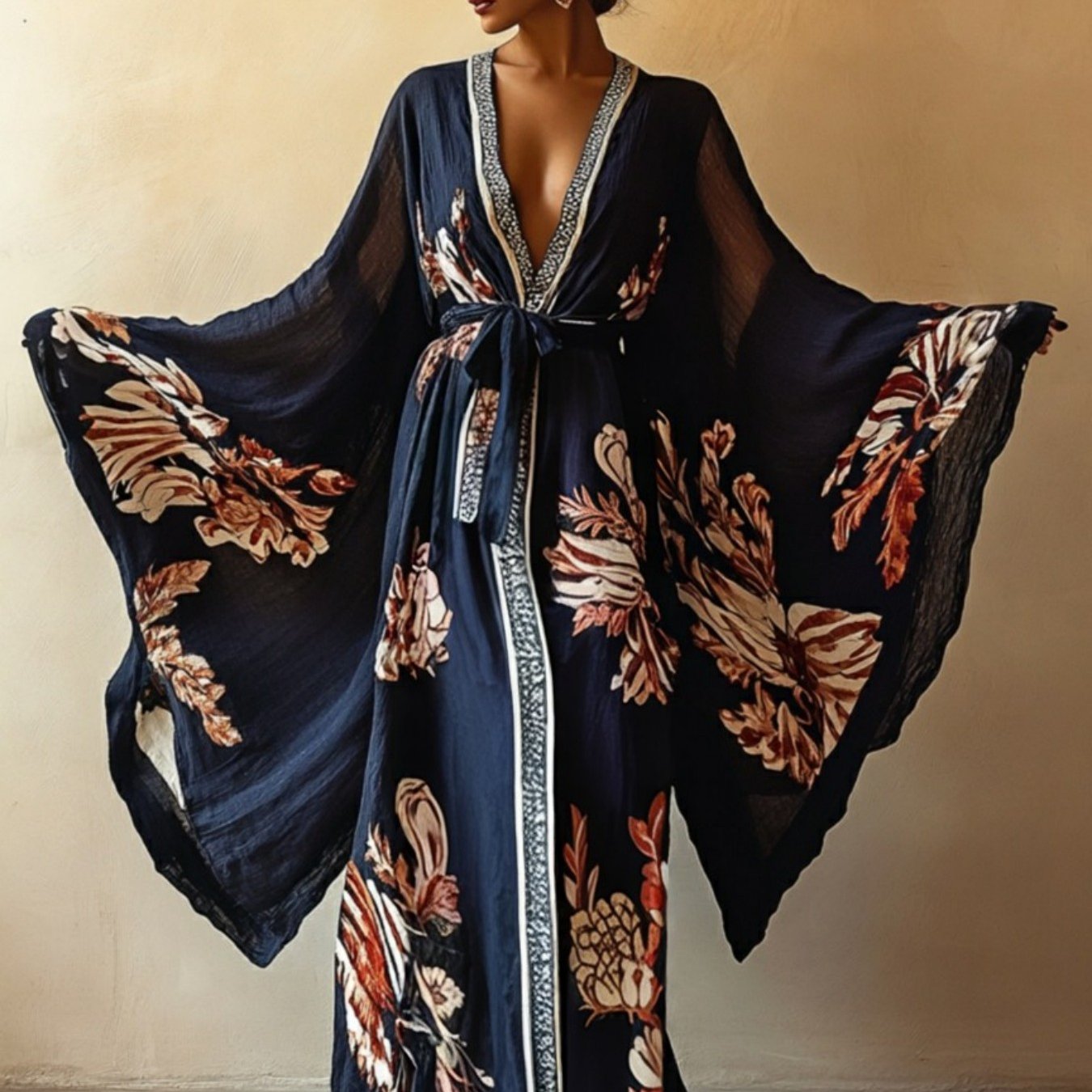Womens Japanese Style Kimono Robe Elegant Long Sleeve Belt